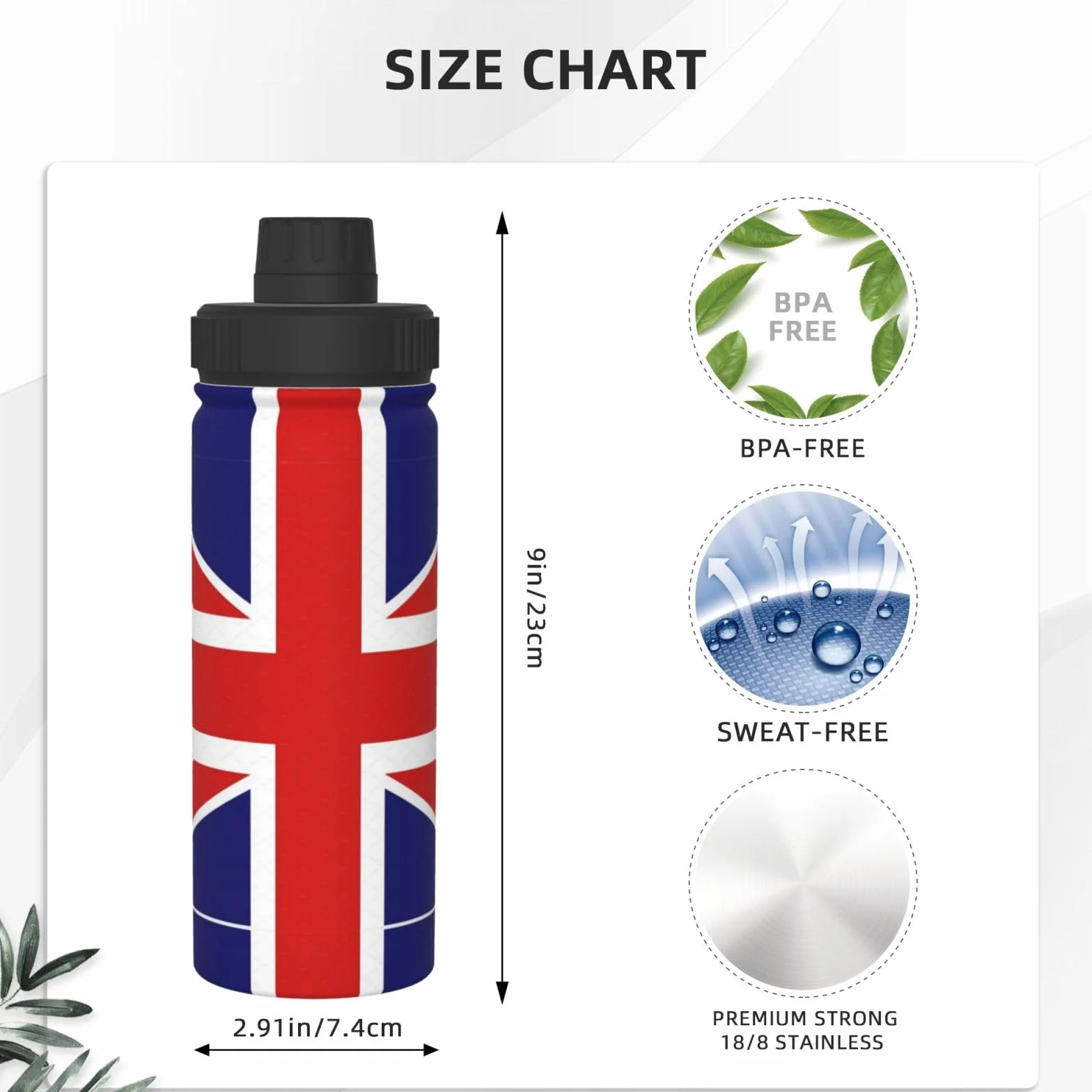 Borraccia termica con bandiera inglese, 510 ml, in acciaio inox, con coperchio a beccuccio, da viaggio