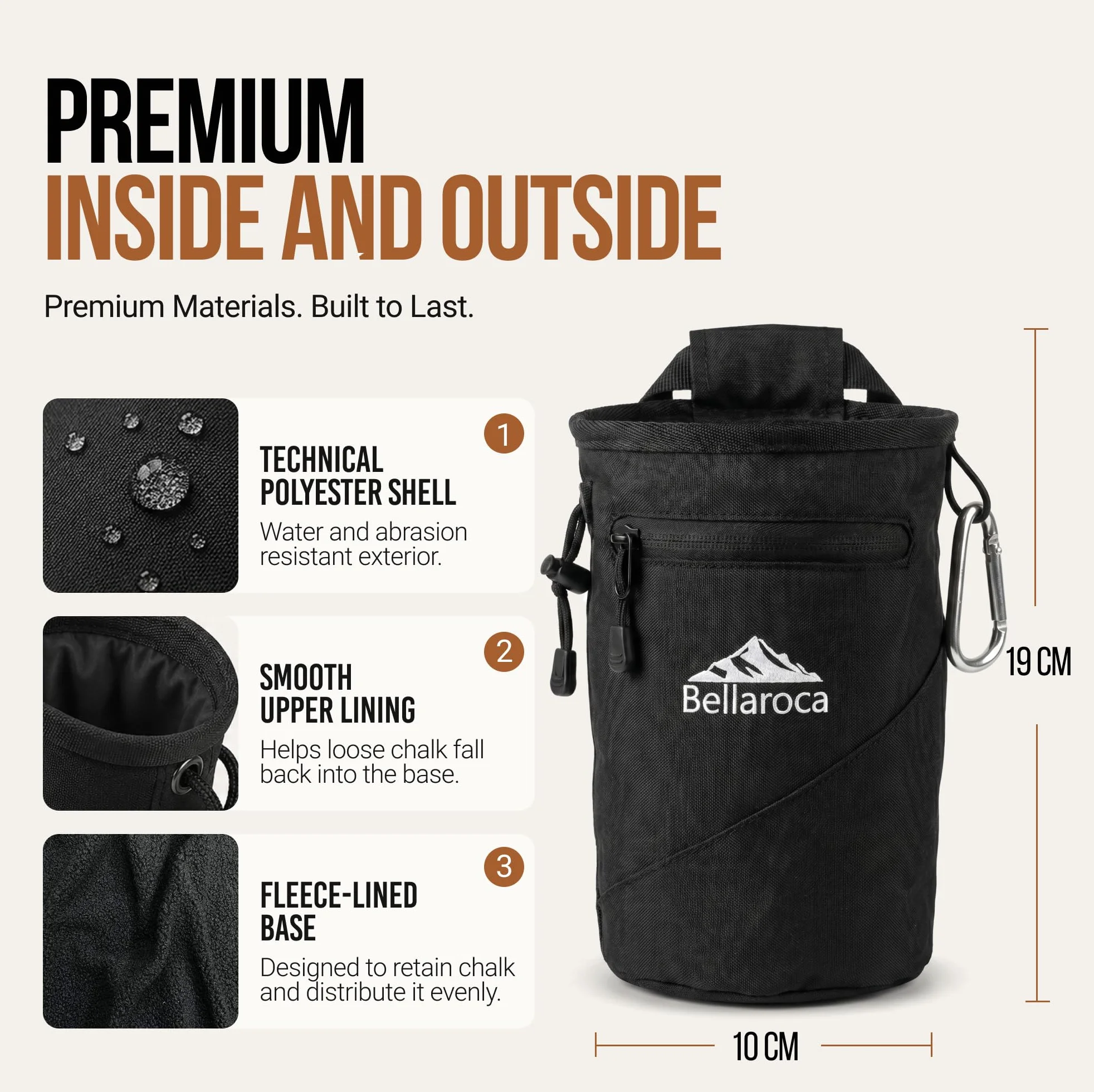 BELLAROCA® Borsa per Magnesite da Arrampicata Impermeabile Resistente all'Abrasione con 2 Tasche e Moschettone