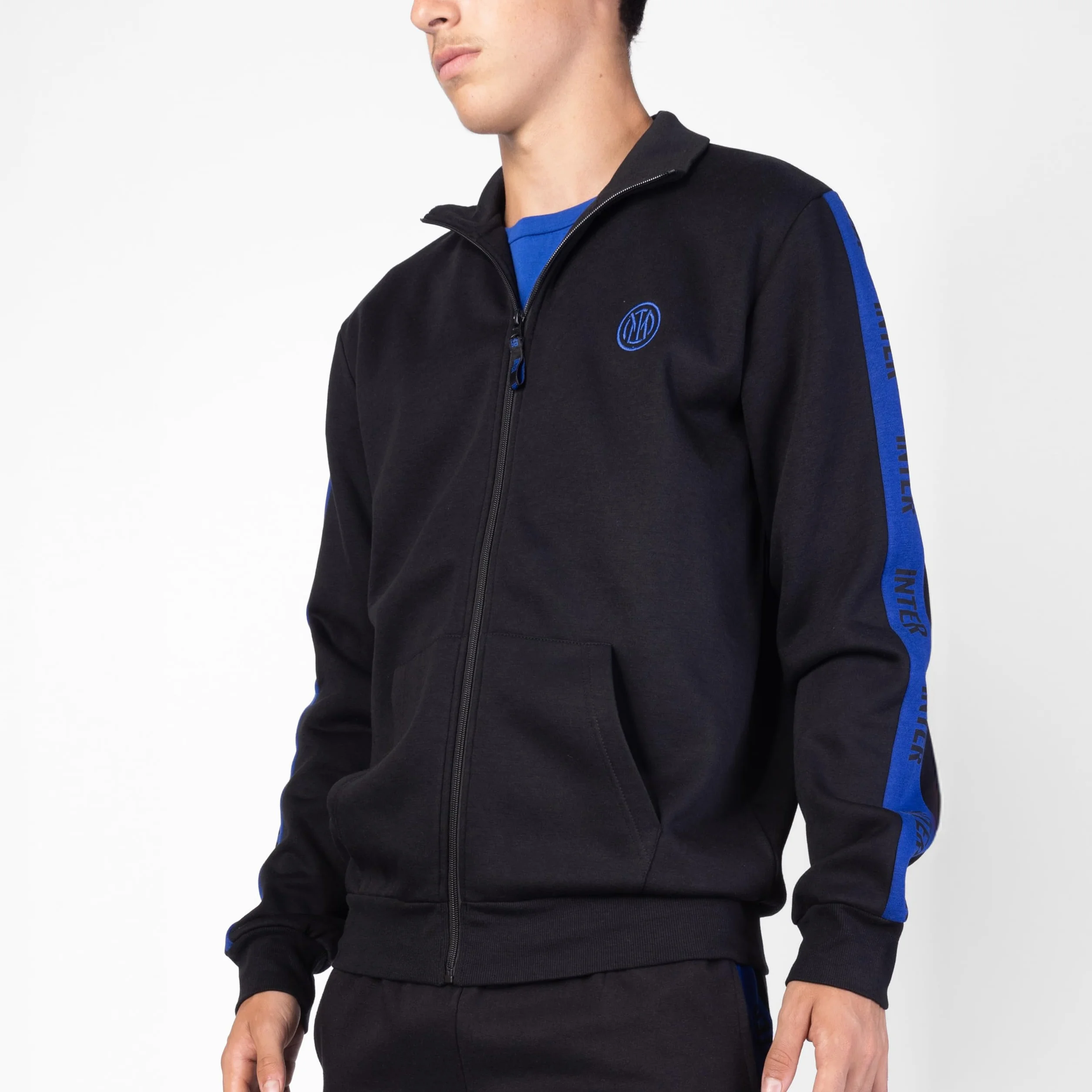 Inter, Blusa Homewear in Felpa Garzata, Abbigliamento da Casa, Nero e Blu con Logo dell'Inter, in Cotone, Full Zip