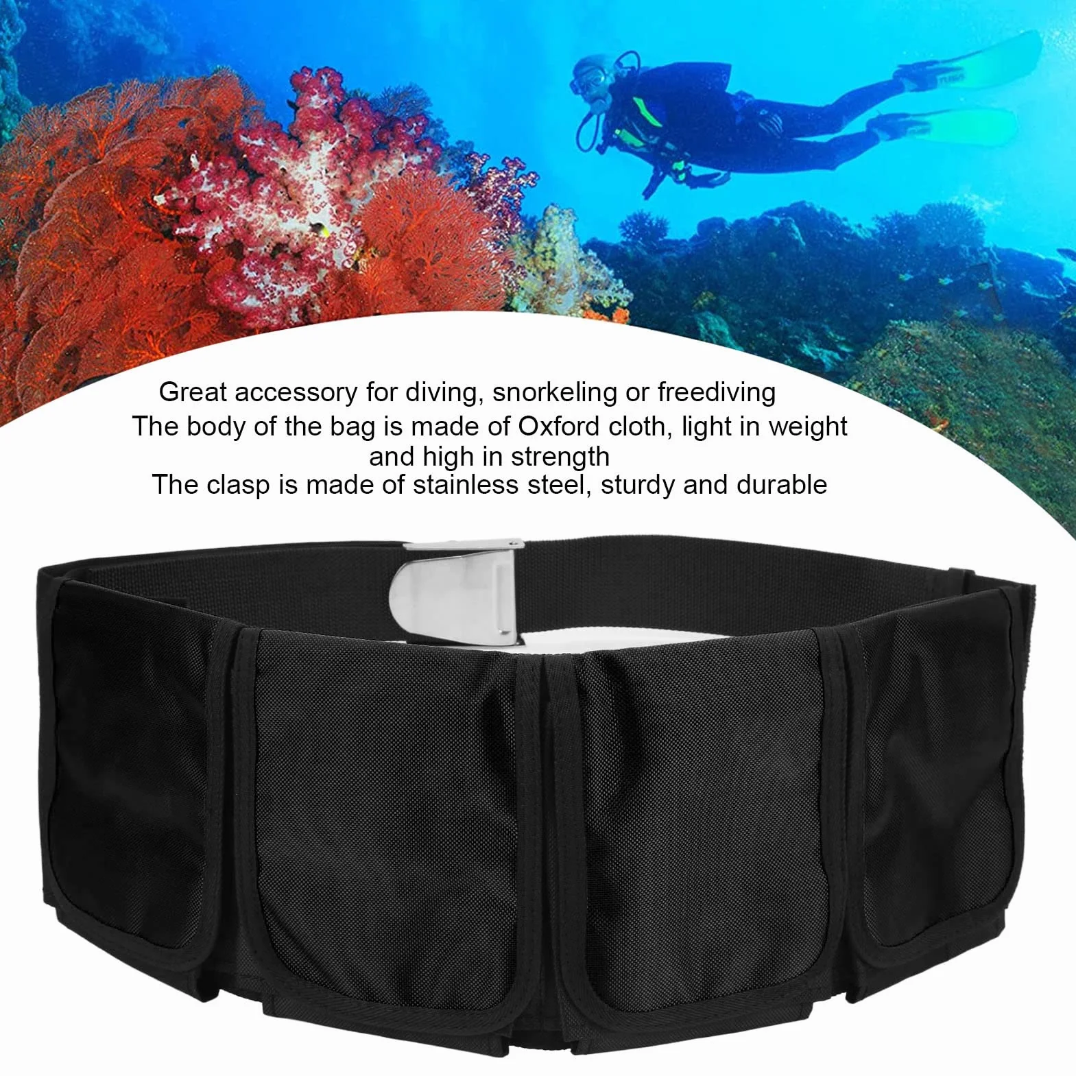 Cintura per Pesi da Sub Regolabile con Fibbia a Sgancio Rapido e 4 Tasche per Immersioni, Snorkeling, Apnea (Nero)