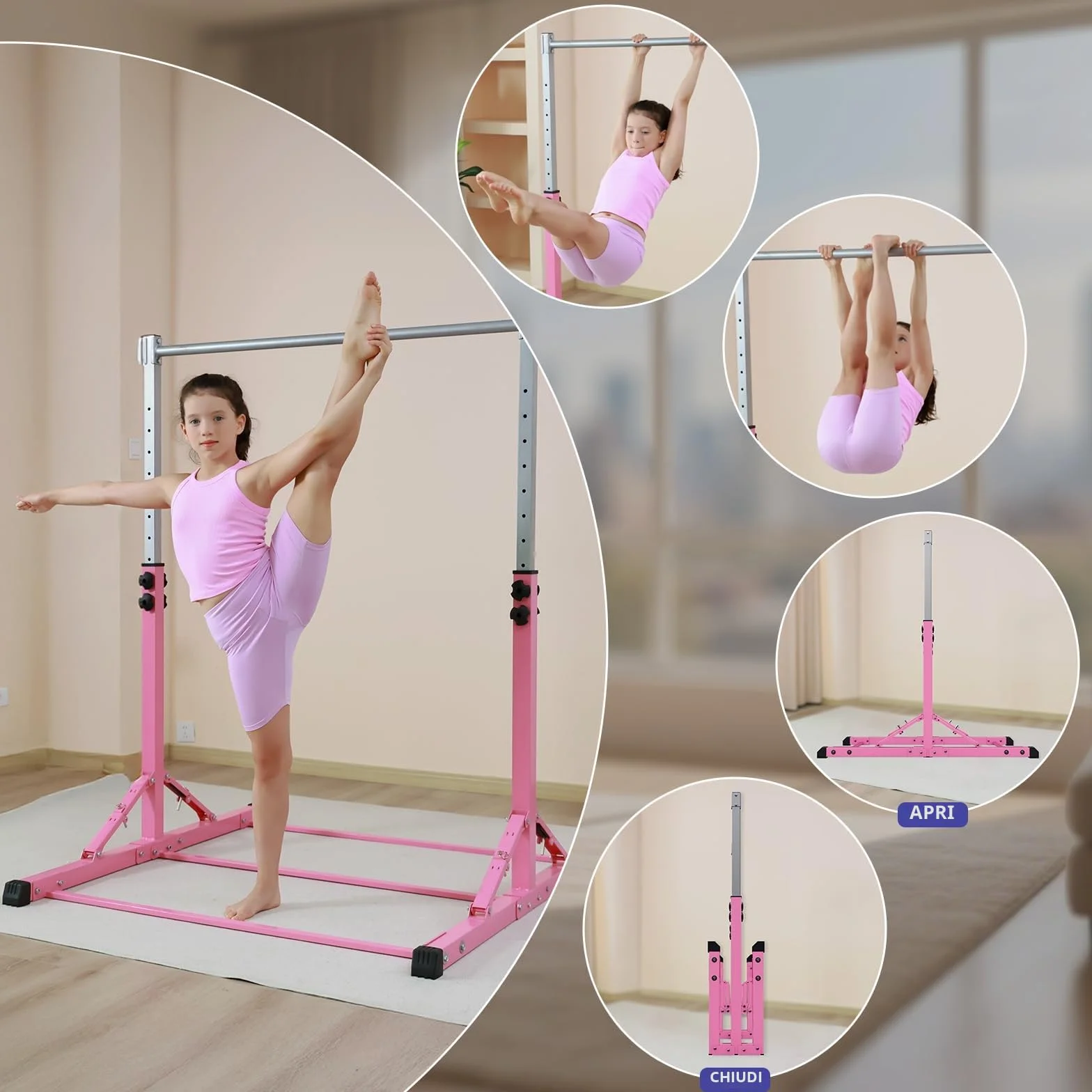 Barra da Ginnastica Pieghevole per Bambini, Regolabile in Altezza, Struttura in Acciaio Stabile, Antiscivolo