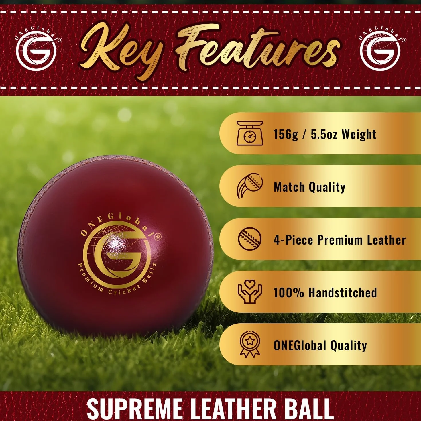 Palla da cricket in pelle Supreme 100% cucita a mano 156 g 5,5 oz impermeabile