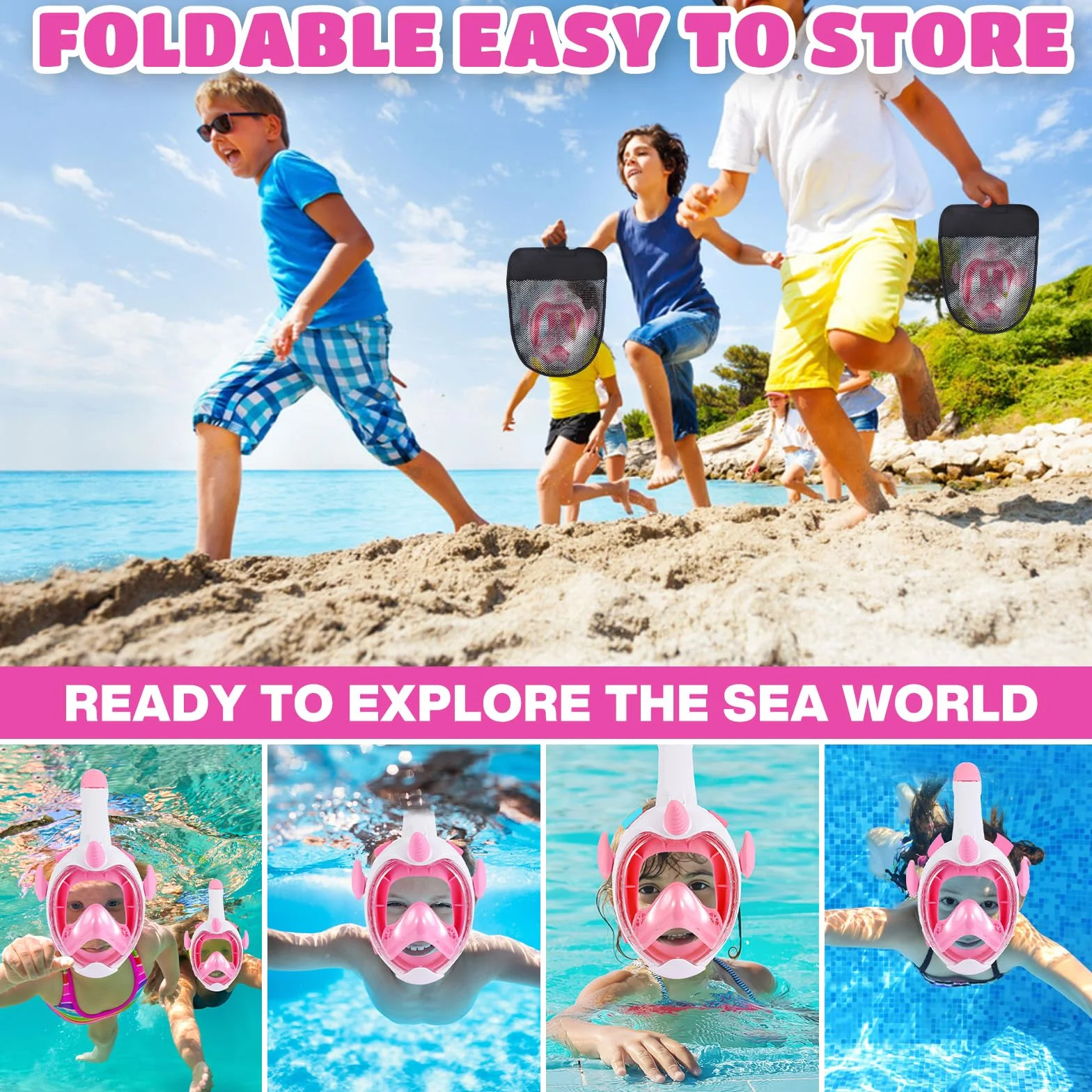 Maschera Snorkeling Integrale Bambini 3-12 Anni Vista Panoramica 180° Anti Appannamento Rosa XS