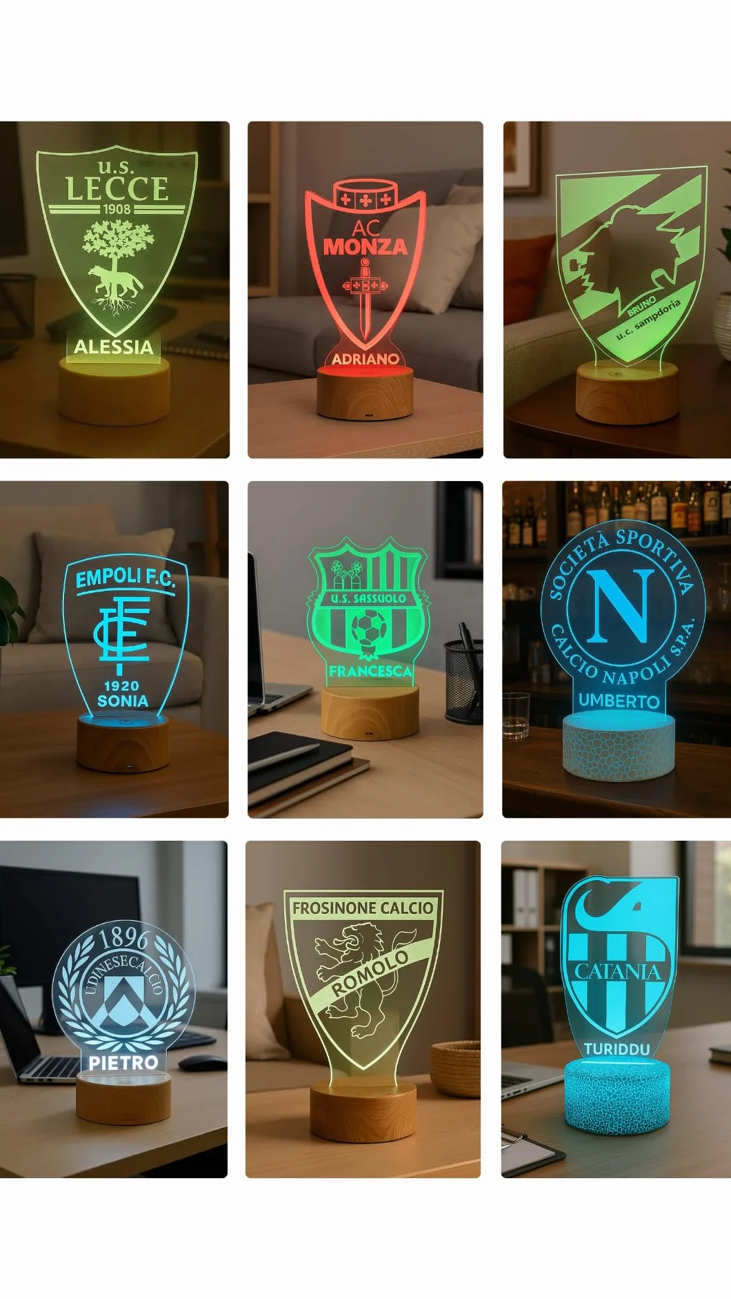 Lampada LED da Calcio Personalizzata con Nome e Stemma 7 Colori USB/Batterie Regalo per Tifosi