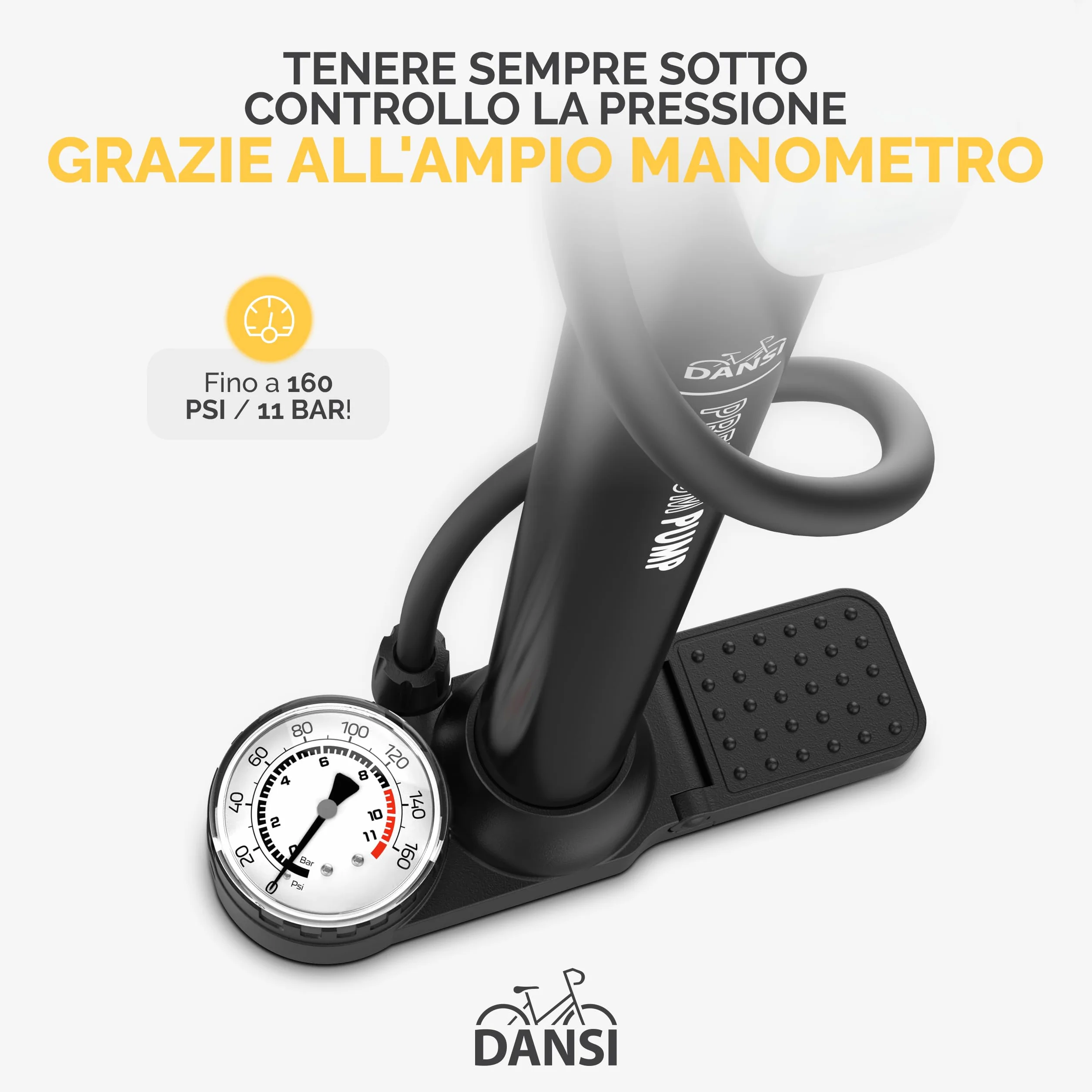 DANSI Pompa per bicicletta a pedale con manometro grande, adattatori e serbatoio AV/SV/DV per bici, moto, auto