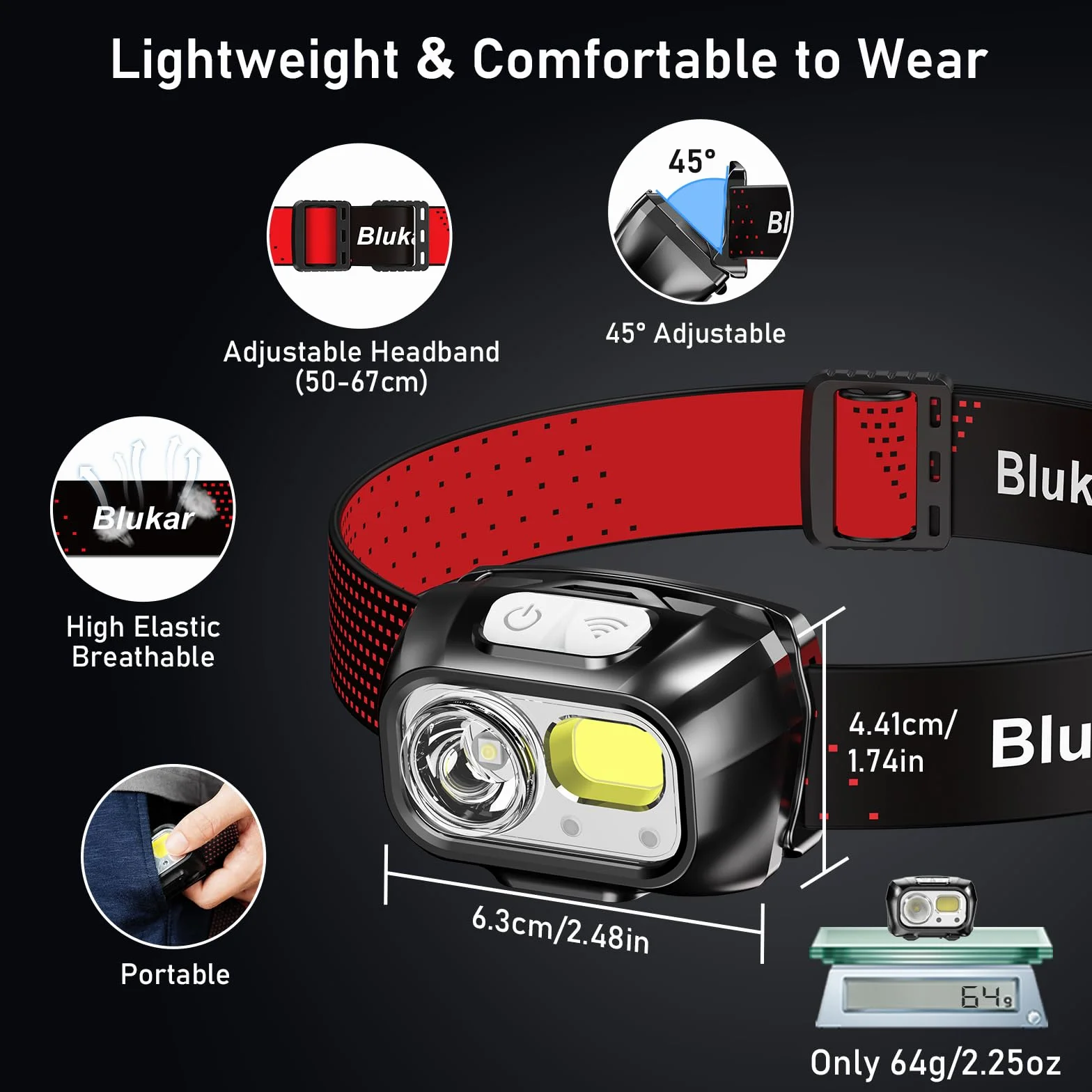 Blukar Torcia Frontale LED 2000 Lumen Ricaricabile IPX5 Impermeabile 2 Pezzi con Luce Rossa