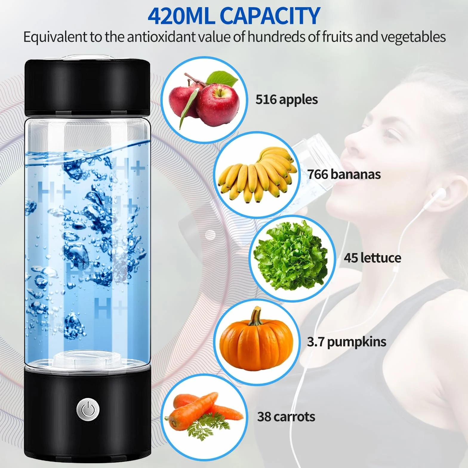 Generatore di Idrogeno Portatile, Bottiglia d'Acqua Idrogenata, Ionizzatore d'Acqua, Nero