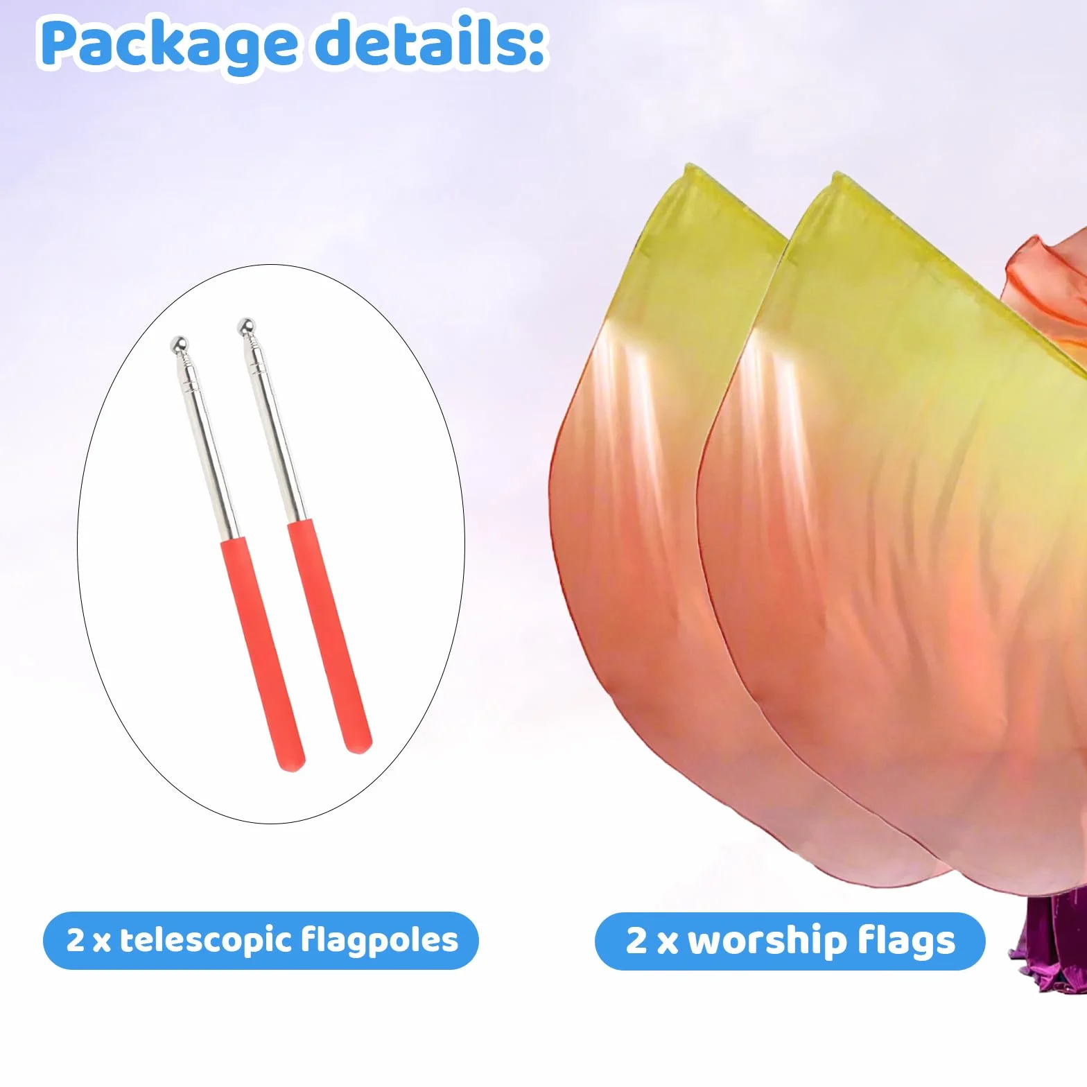 2 Sets of 55 x 78" Dance Metallic Semicircle Worship Angel Wing Flags with Scalable Rods - Praise Flags Worship Silk Flex Flag for Dance Church Performance-yellow-red