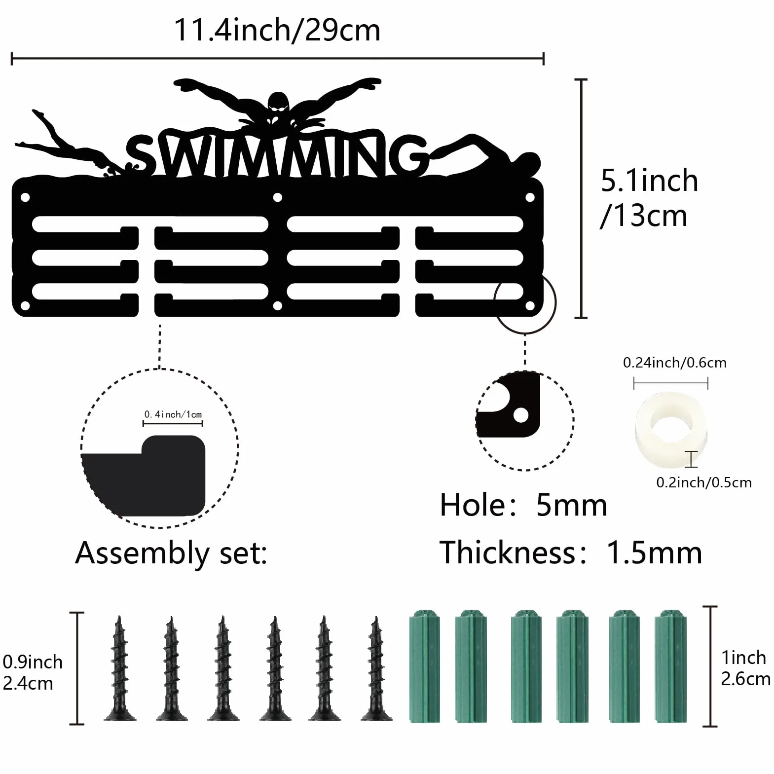 CREATCABIN Porta Medaglie Nuoto Sportive Espositore Rack Supporto Metallo Nero 40 29x13cm
