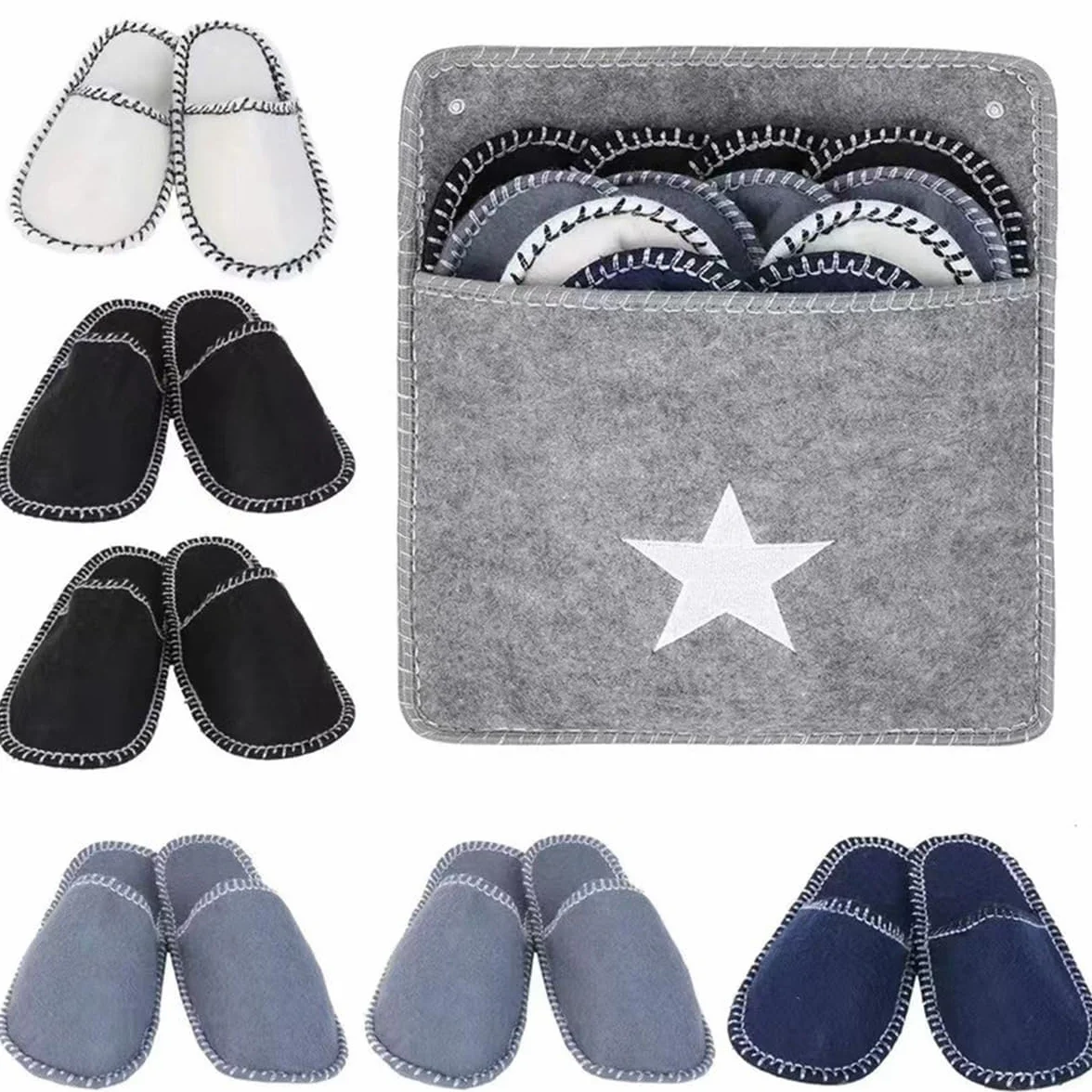 Set di 6 paia di pantofole in feltro in 3 misure e custodia, antiscivolo e lavabili, perfette per viaggi in famiglia, Nero , Taglia unica
