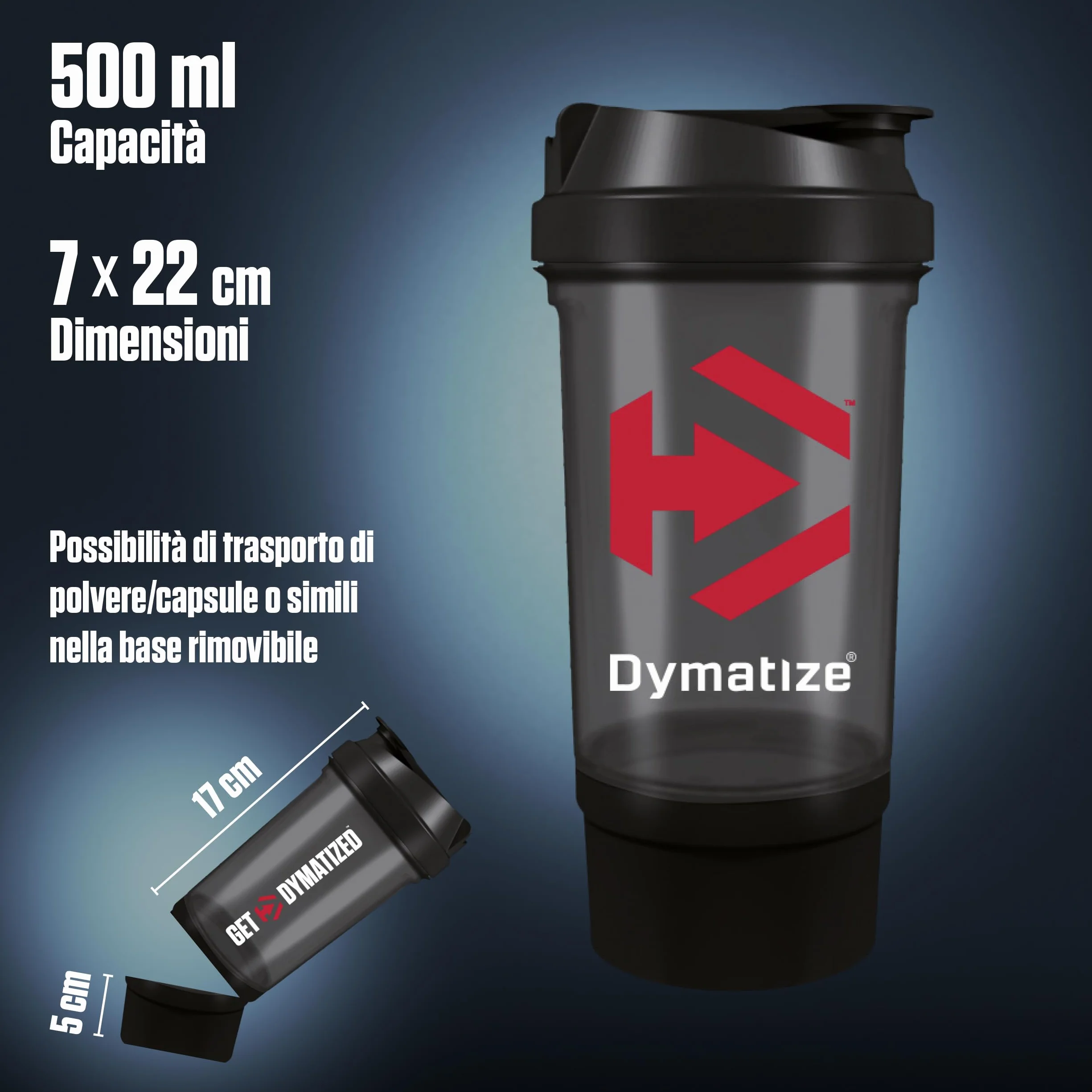Dymatize Protein Shaker 500 ml con scomparto polvere e capsule ermetico lavabile in lavastoviglie senza BPA DEHP