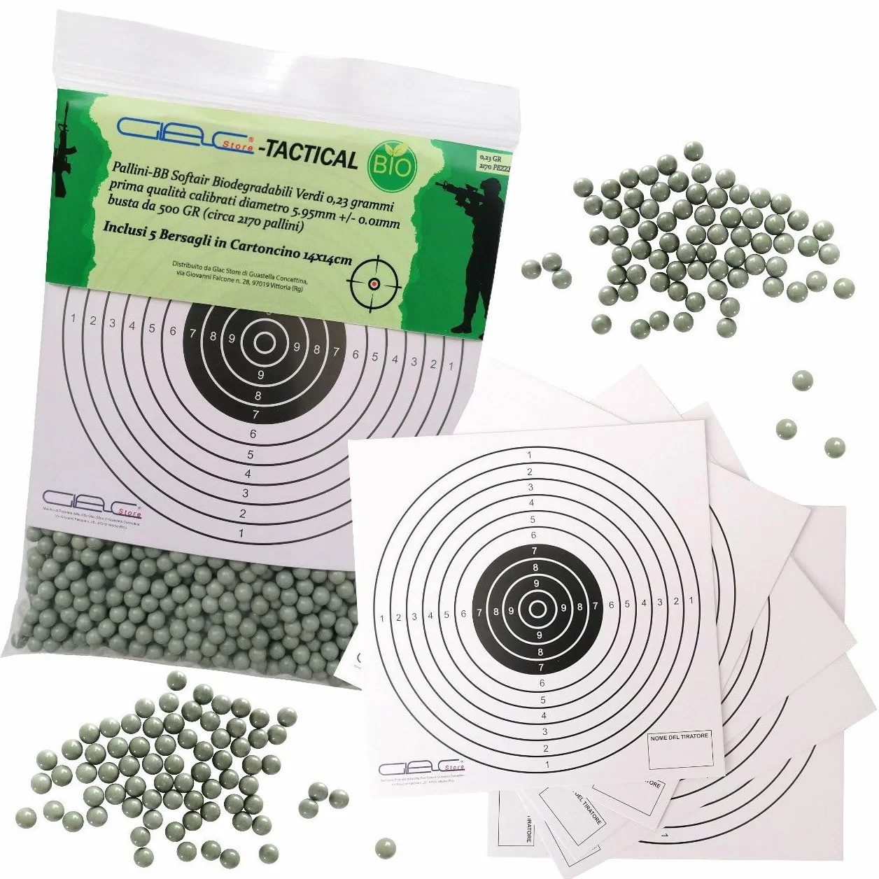 Pallini BB Biodegradabili Bio 500gr 6mm Softair Verdi Bianchi 0,20 0,23 0,25 Grammi con 5 Bersagli 14x14