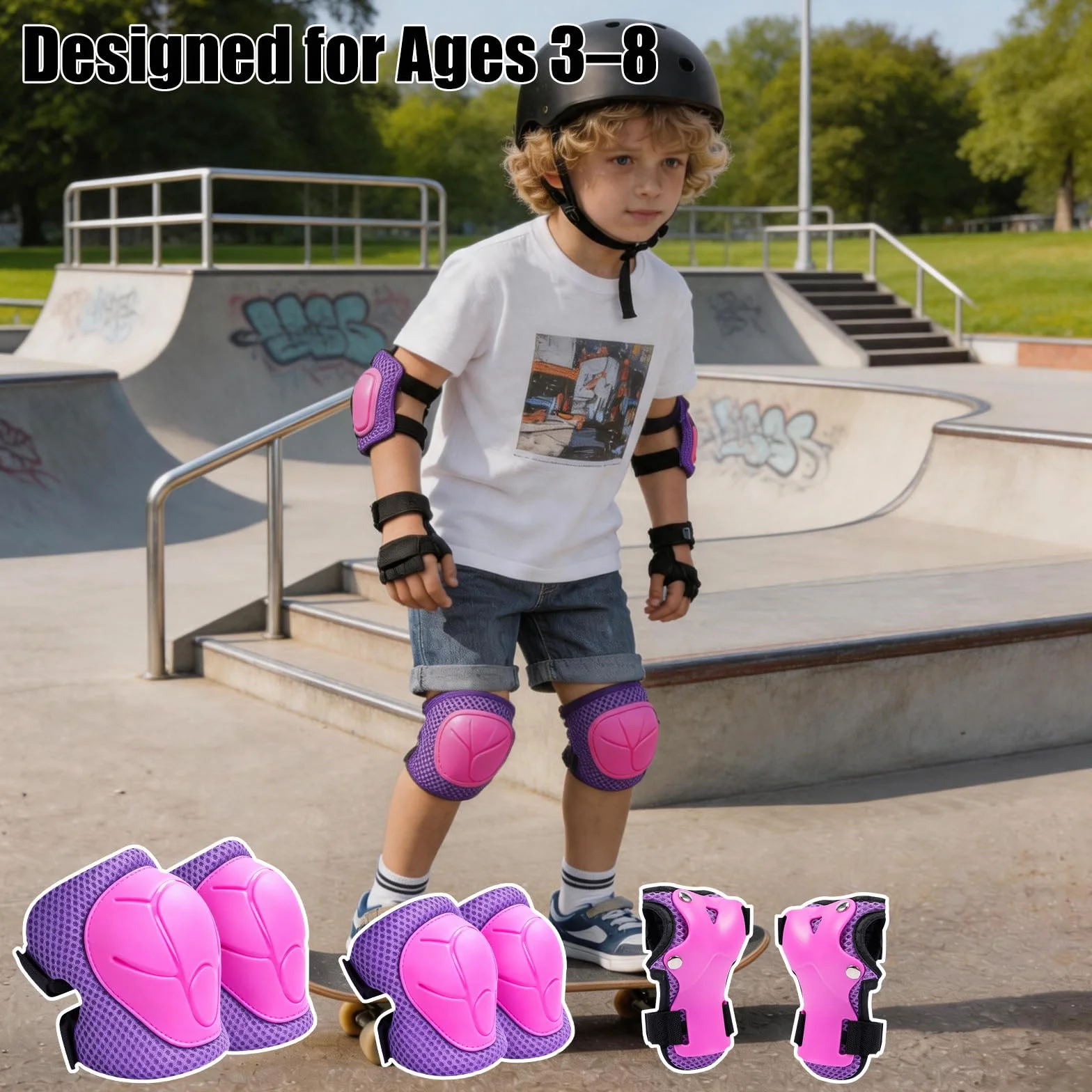 Kit Protezione Bambini 6 in 1, Ginocchiere Gomitiere Polsiere Regolabile, Attrezzatura Protettiva per Skateboard Pattinaggio Scooter Bicicletta