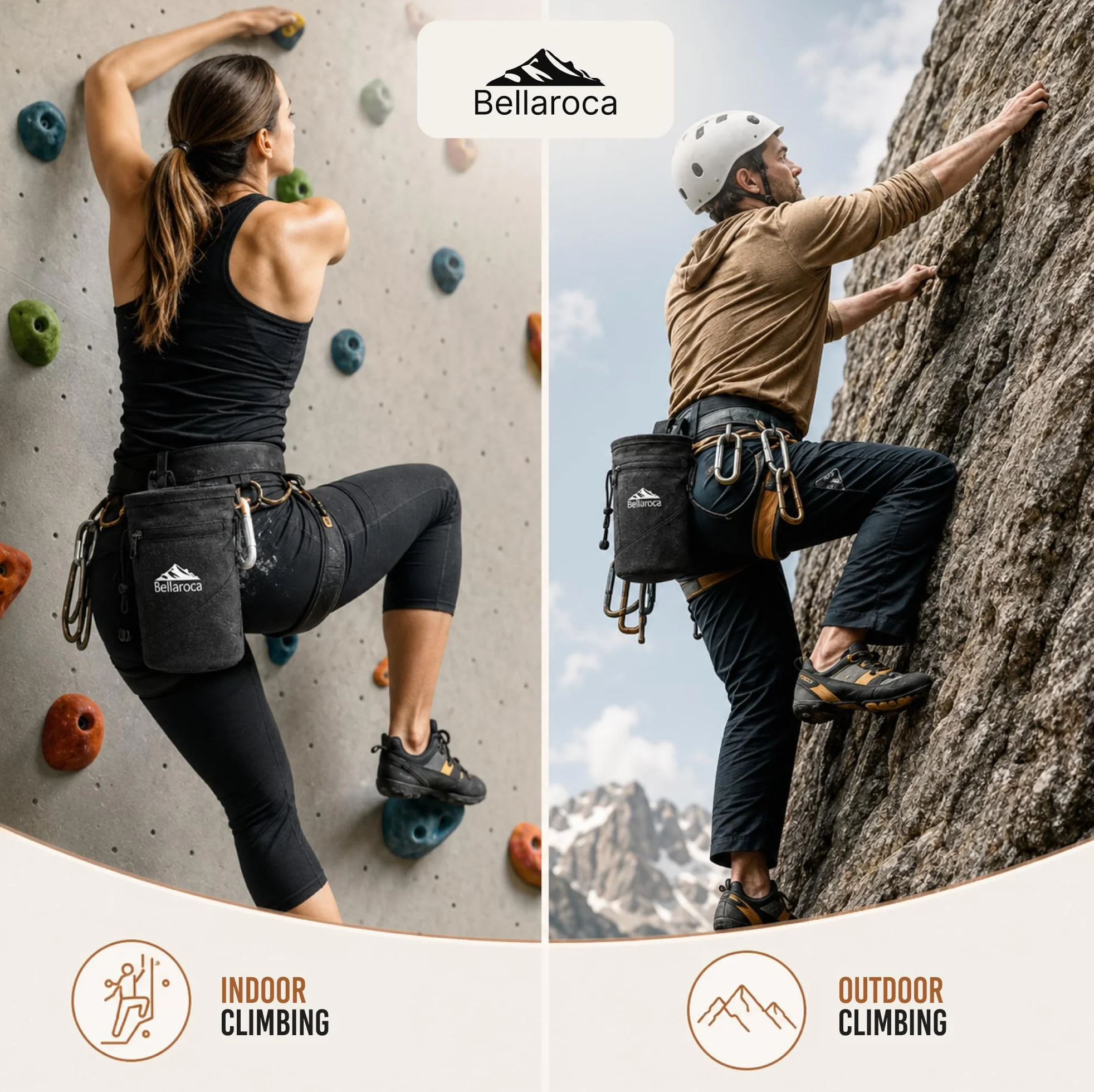 BELLAROCA® Borsa per Magnesite da Arrampicata Impermeabile Resistente all'Abrasione con 2 Tasche e Moschettone