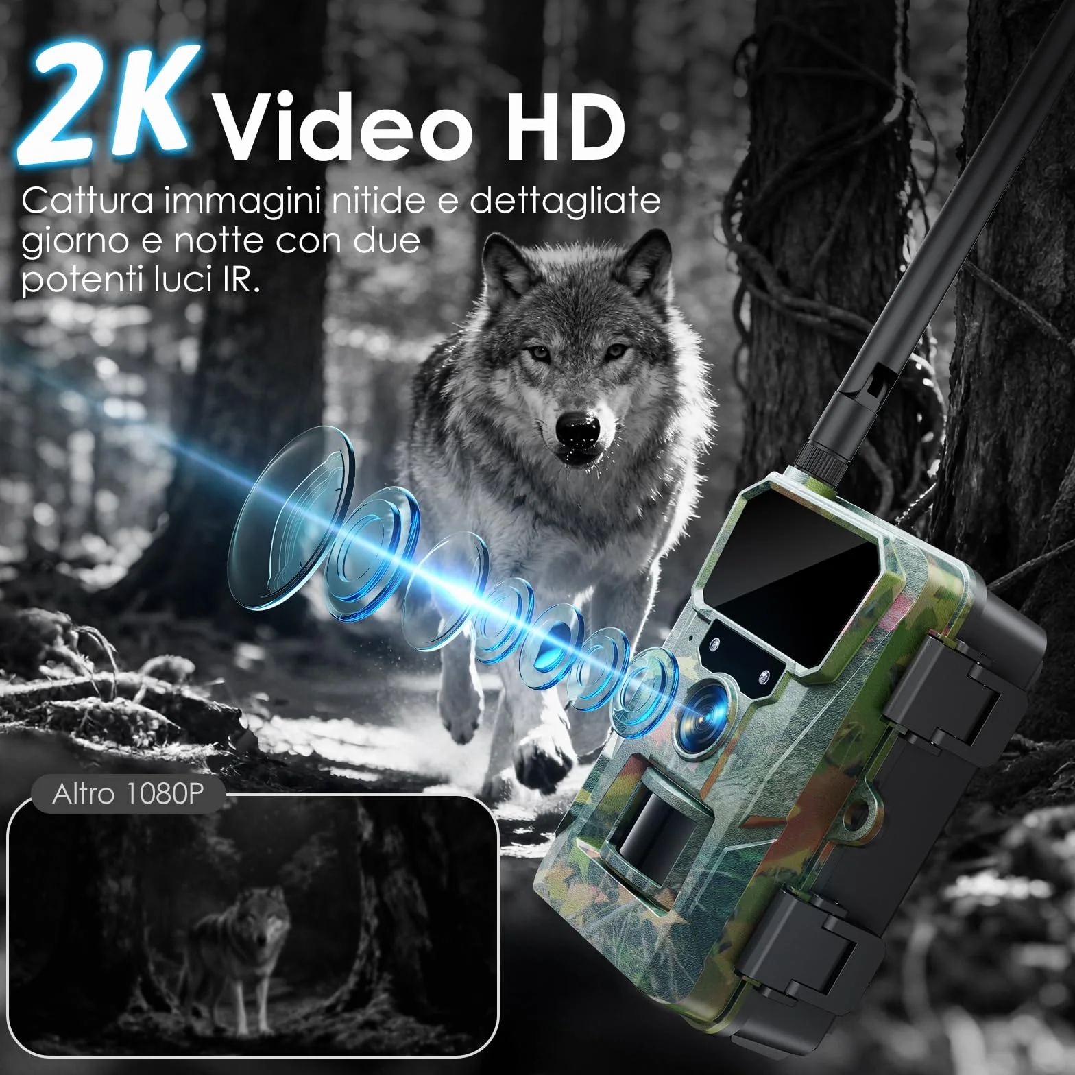 WOLFANG Fototrappola 4G 2K 48MP HD Fotocamera Caccia con Batteria 5200 mAh Infrarossi IP66