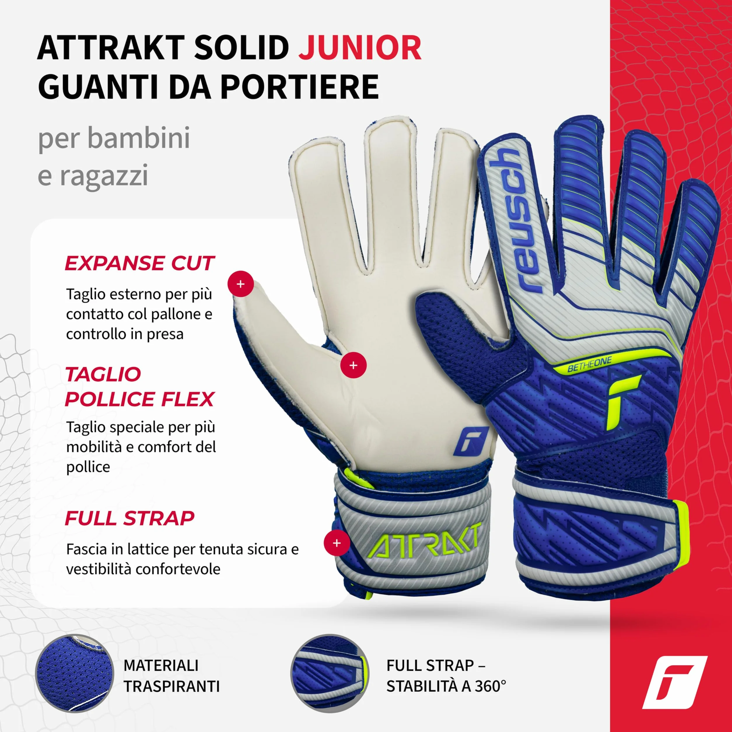 Reusch Attrakt Solid Junior Guanti da portiere|Bambini 5–16 anni|Presa sicura con lattice|Calzata comoda e fascia avvolgente|Traspiranti e resistenti|Allenamento e partita