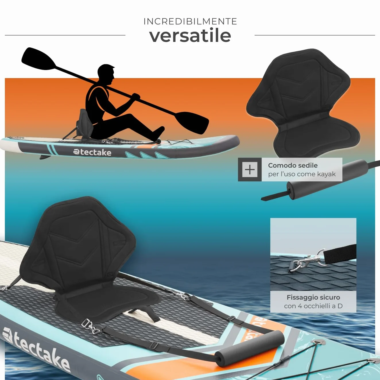Tectake Sup Gonfiabile Tavola Stand Up Paddle Board 2 in 1 Kayak Sedile SUP Pompa Pinne Zaino Pagaia Drop Stich Schiuma EVA Carico Max 200 kg