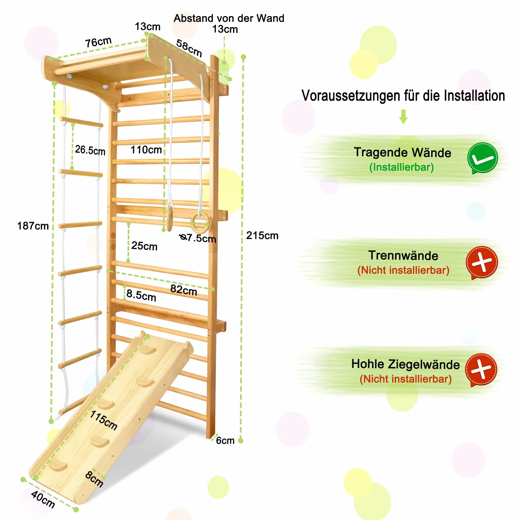 Aufun Parete per Arrampicata in legno con barre 215 x 82 x 6cm