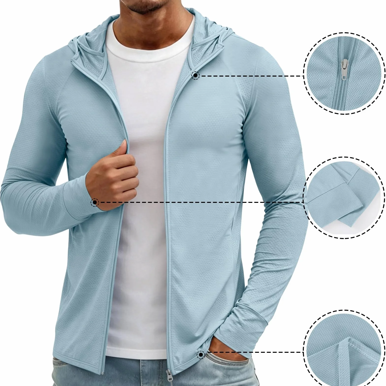 MOKBAY Maglia Anti UV Uomo Pesca Traspirante Running con Cappuccio Slim Fit Tecniche Maniche Lunghe Maglia UPF 50 Uomo Estiva Tecnica Leggera Anti UV T Shirt