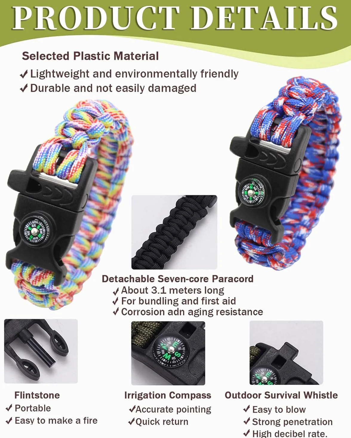 Bracciale in corda di paracadute intrecciata 2 pezzi sopravvivenza all'aperto multiuso fischietto bussola