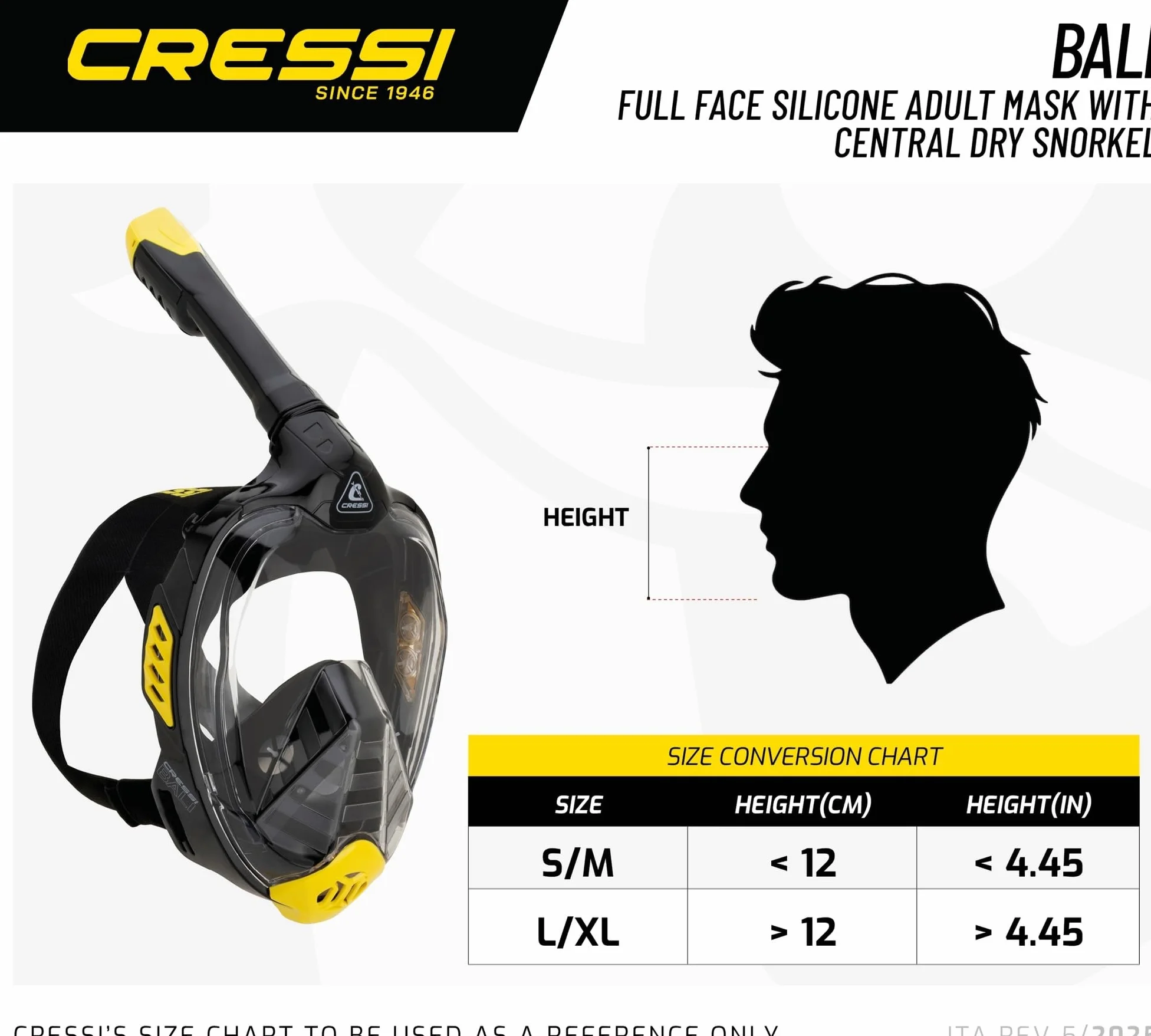 CRESSI Bali Full Face Mask - Maschera Snorkeling Integrale Unisex, Lente Ultra Chiara Anti Fog, 100% Silicone, Snorkel Dry con Valvole Sicurezza, Supporto Action Cam