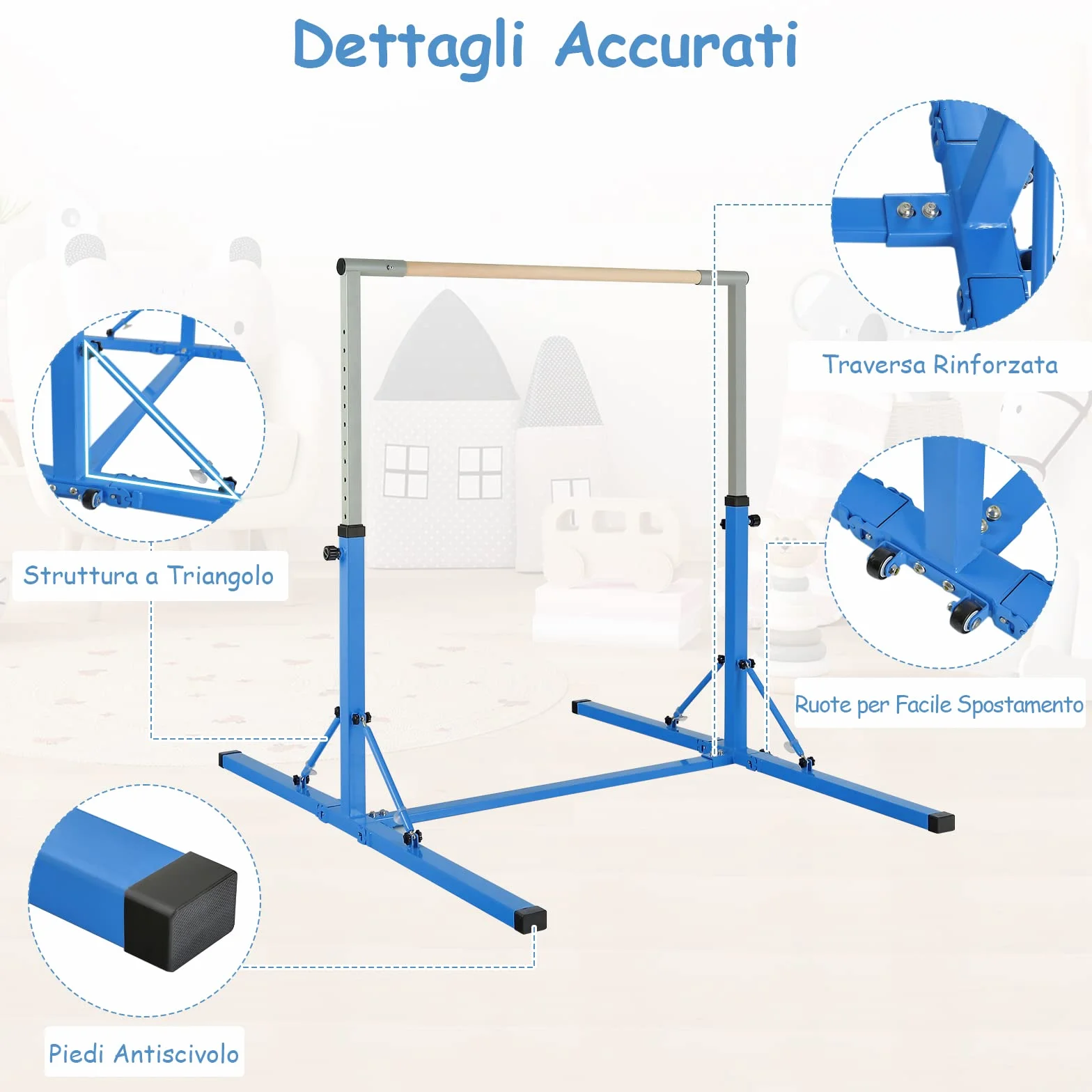 COSTWAY Barra per Ginnastica e Danza per Bambini Pieghevole Portatile, Sbarra Parallela in Metallo e Legno con 13 Altezze Regolabili, Portata 100 kg
