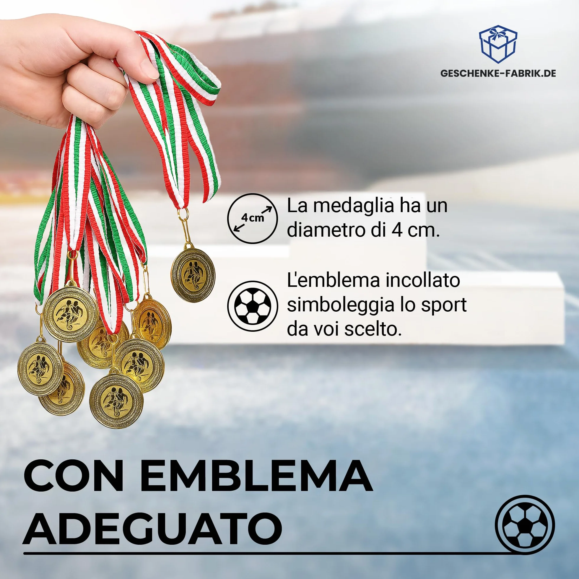 Set 10 medaglie da Calcio in Metallo Dorato con Nastro Blu-Bianco-Rosso per Bambini e Tornei