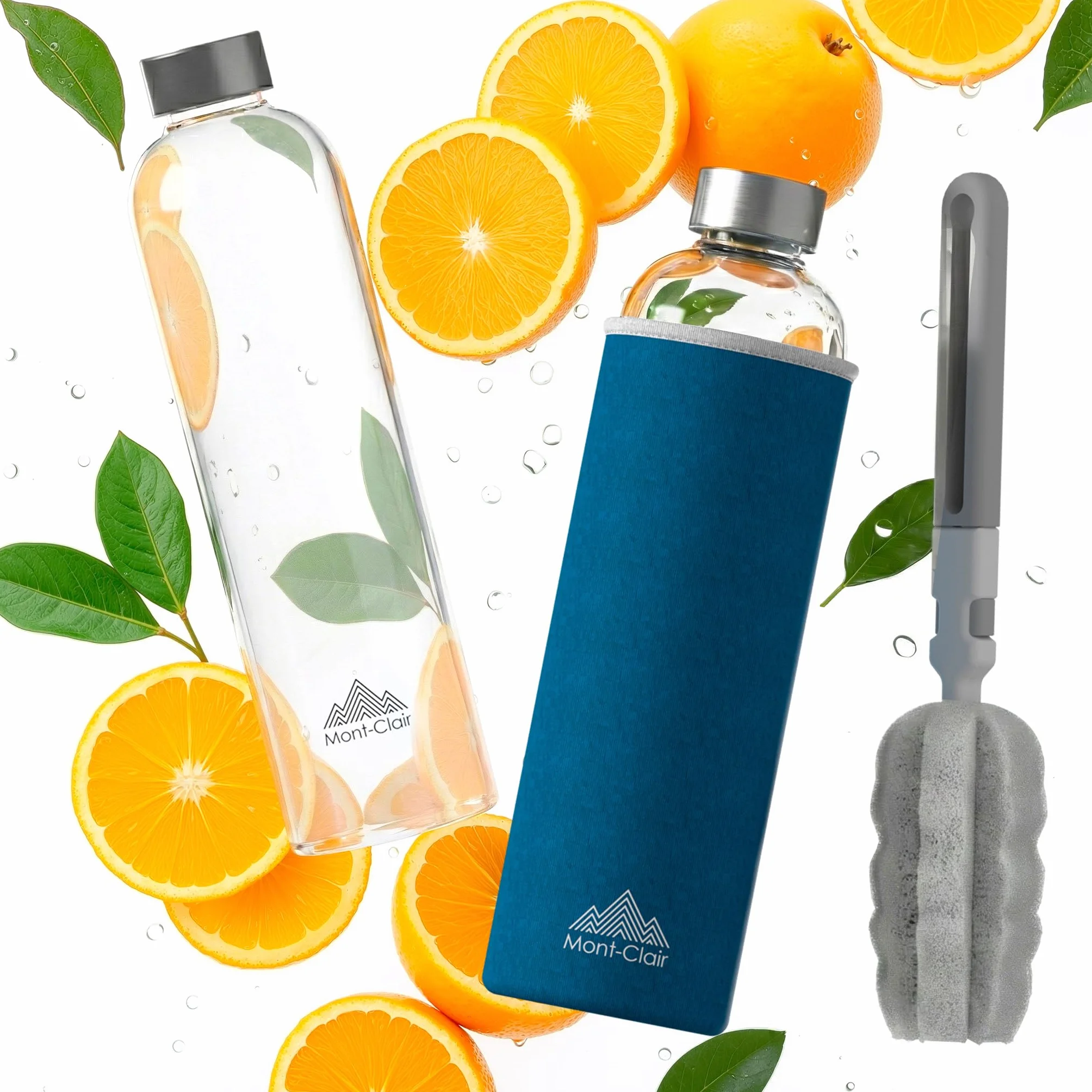 Mont-Clair Kristal Bottiglia Vetro 550ml Borosilicato con fodera in neoprene Anti-perdita senza BPA Bevande calde e fredde Blu