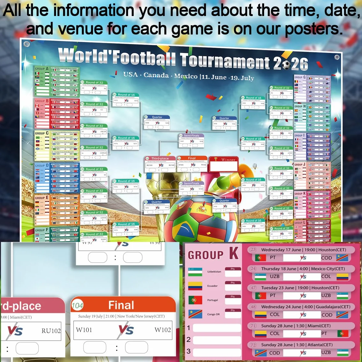Poster Calendario Partite Coppa del Mondo 2026 150x100cm con Adesivi Correttivi e Cordino, Calendario Gioco 48 Squadre, Decorazione Salotto Bar Festa