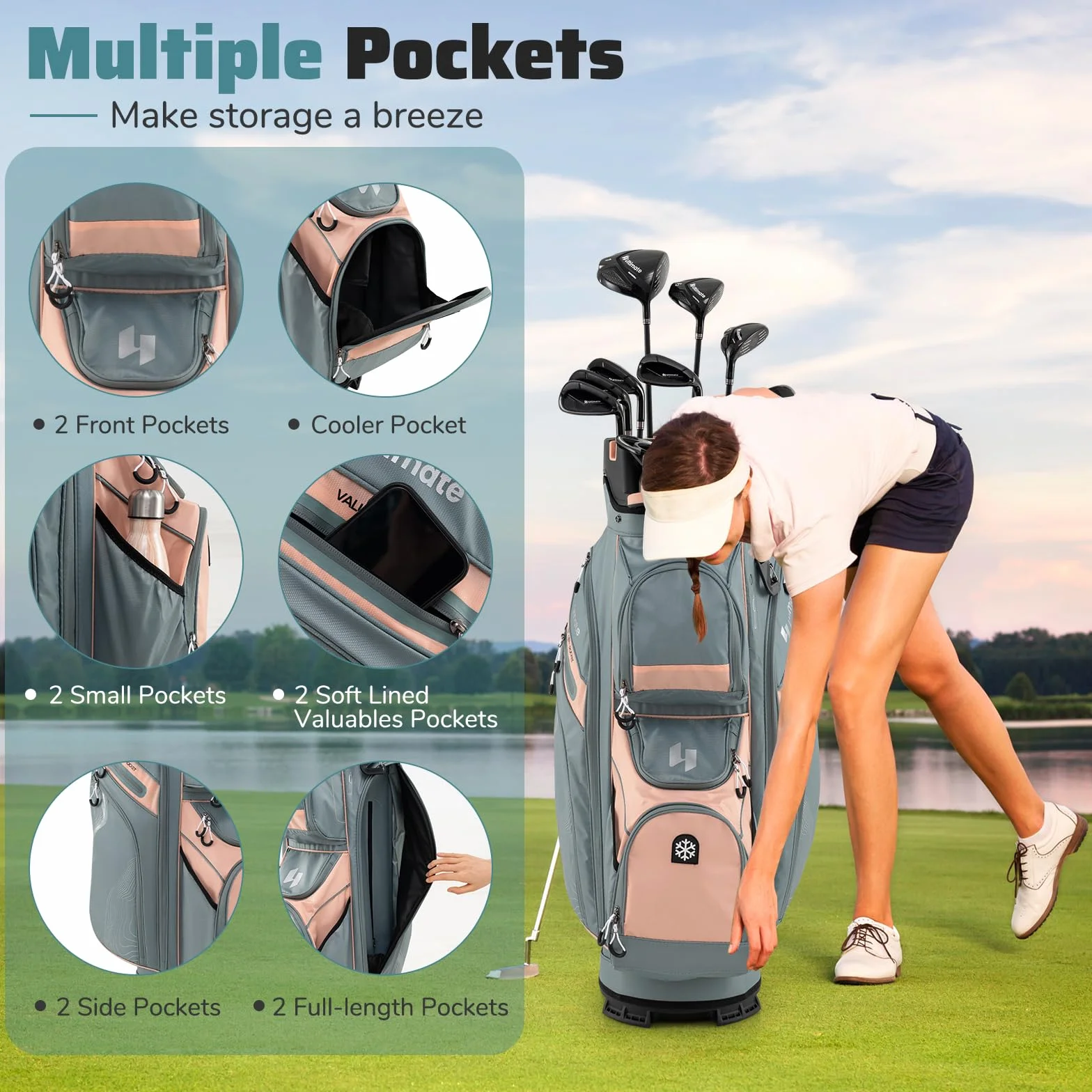 LIFEZEAL Borsa da golf con 14 divisori, borsa da golf con 11 tasche, borsa da golf portatile con cinghia, maniglie, supporto per ombrelli
