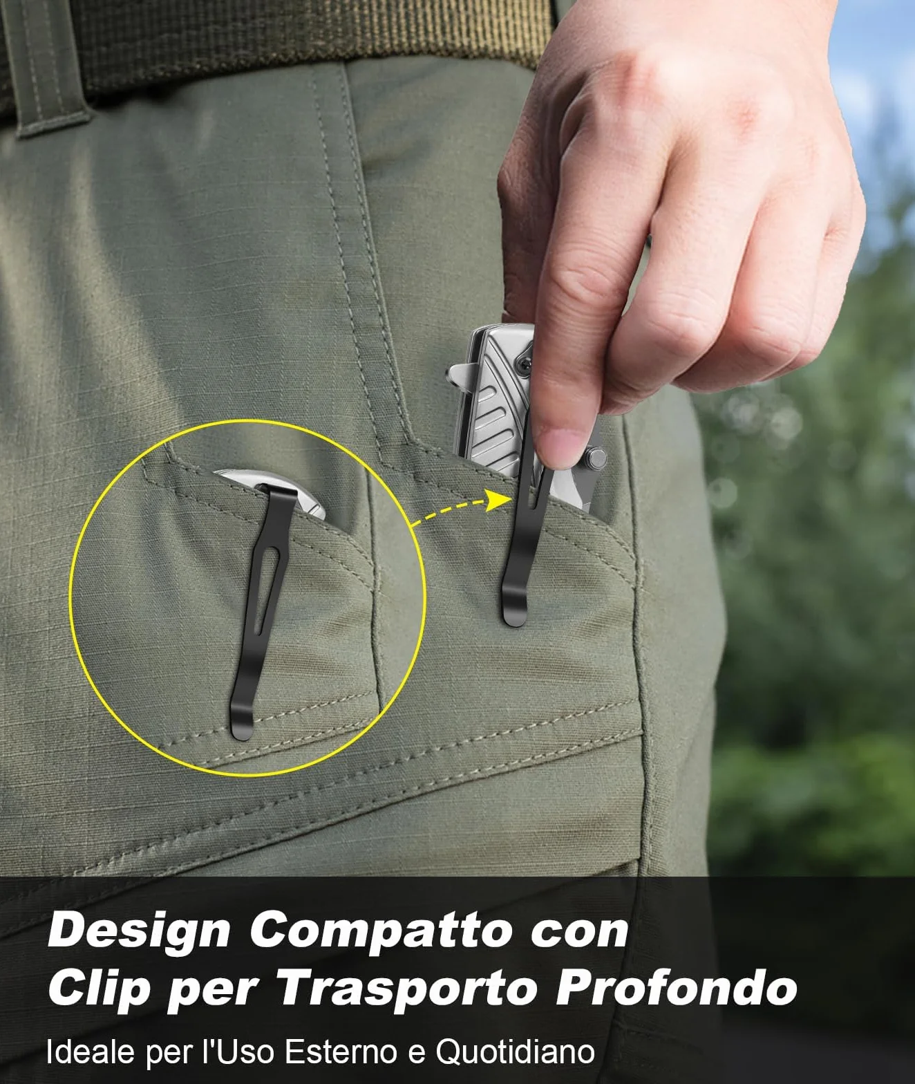 ISEYOU Coltello da Caccia Lama Acciaio Inossidabile 3Cr13 Rivestimento Titanio Portatile Clip Tasca Multifunzione