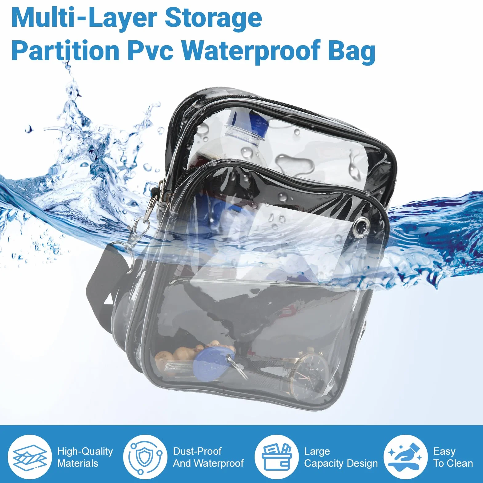 Borsa da Stadio Trasparente a Tracolla in PVC Antisporco Resistente all'Acqua