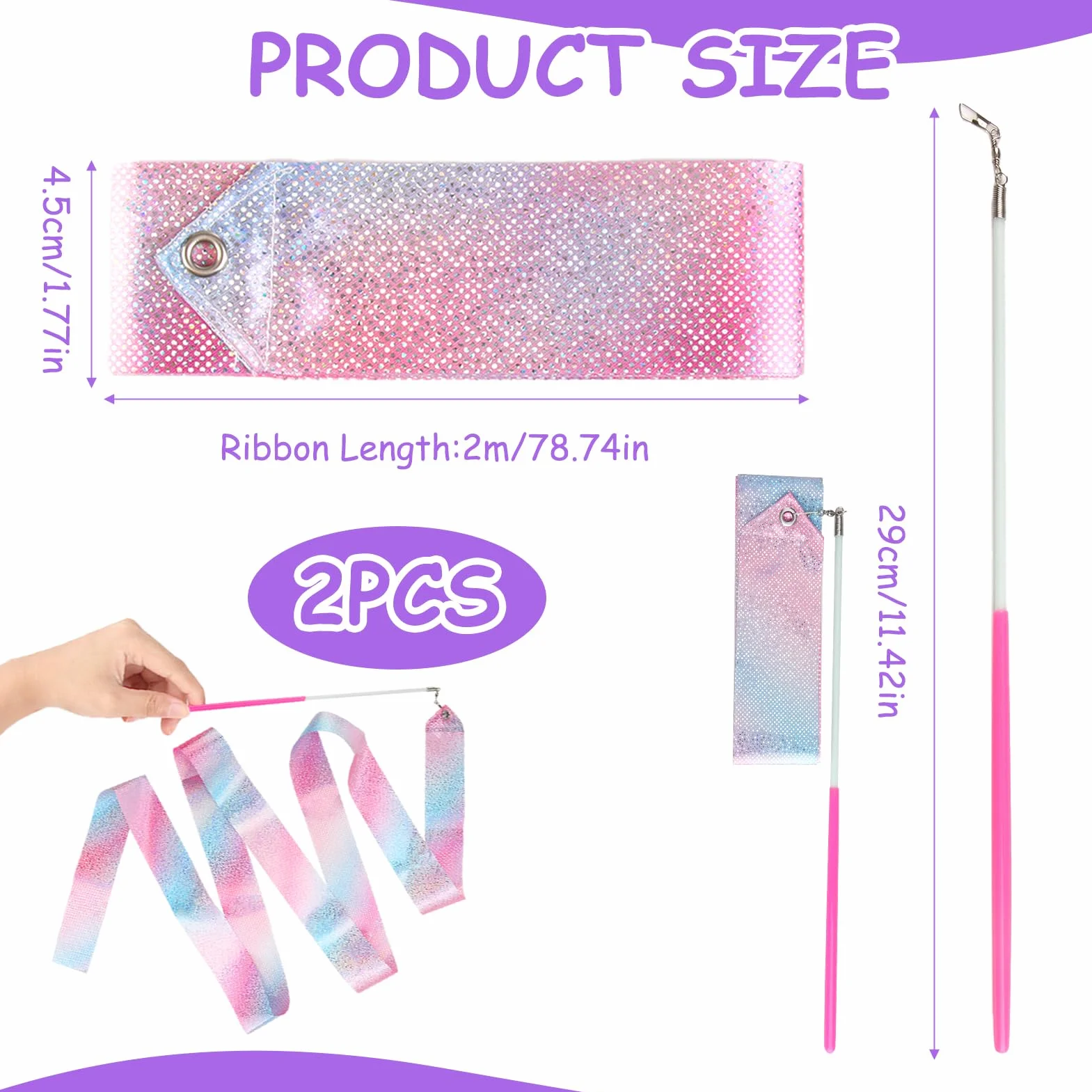 Nastro Ginnastica Ritmica Bambina 2 Metri Rosa con Maniglie - Kit Danza Ritmica
