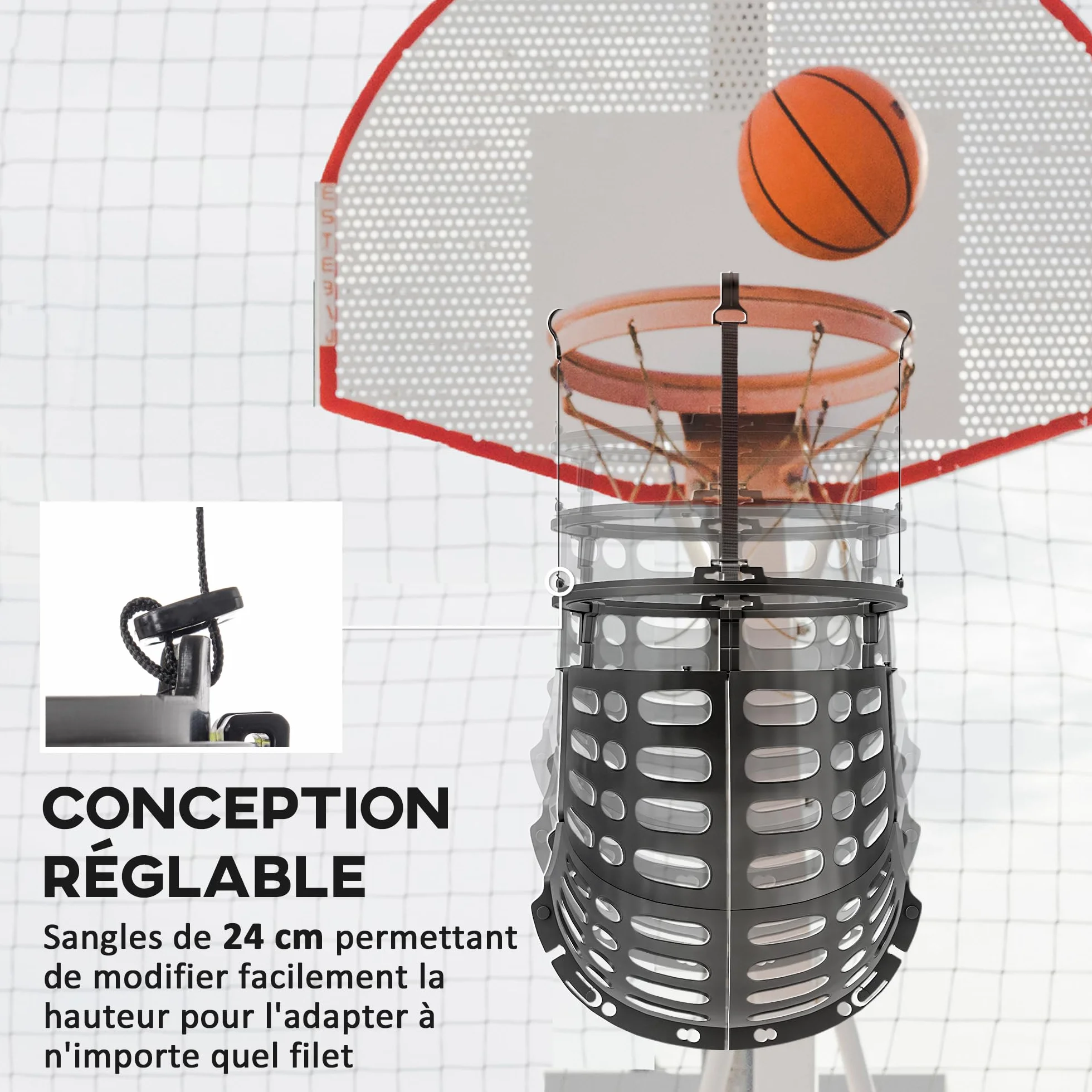 SPORTNOW Pallone da Pallacanestro Sistema di Riferimento, Rotazione a 360°, Altezza Regolabile, Ganci Staccabili, Nero