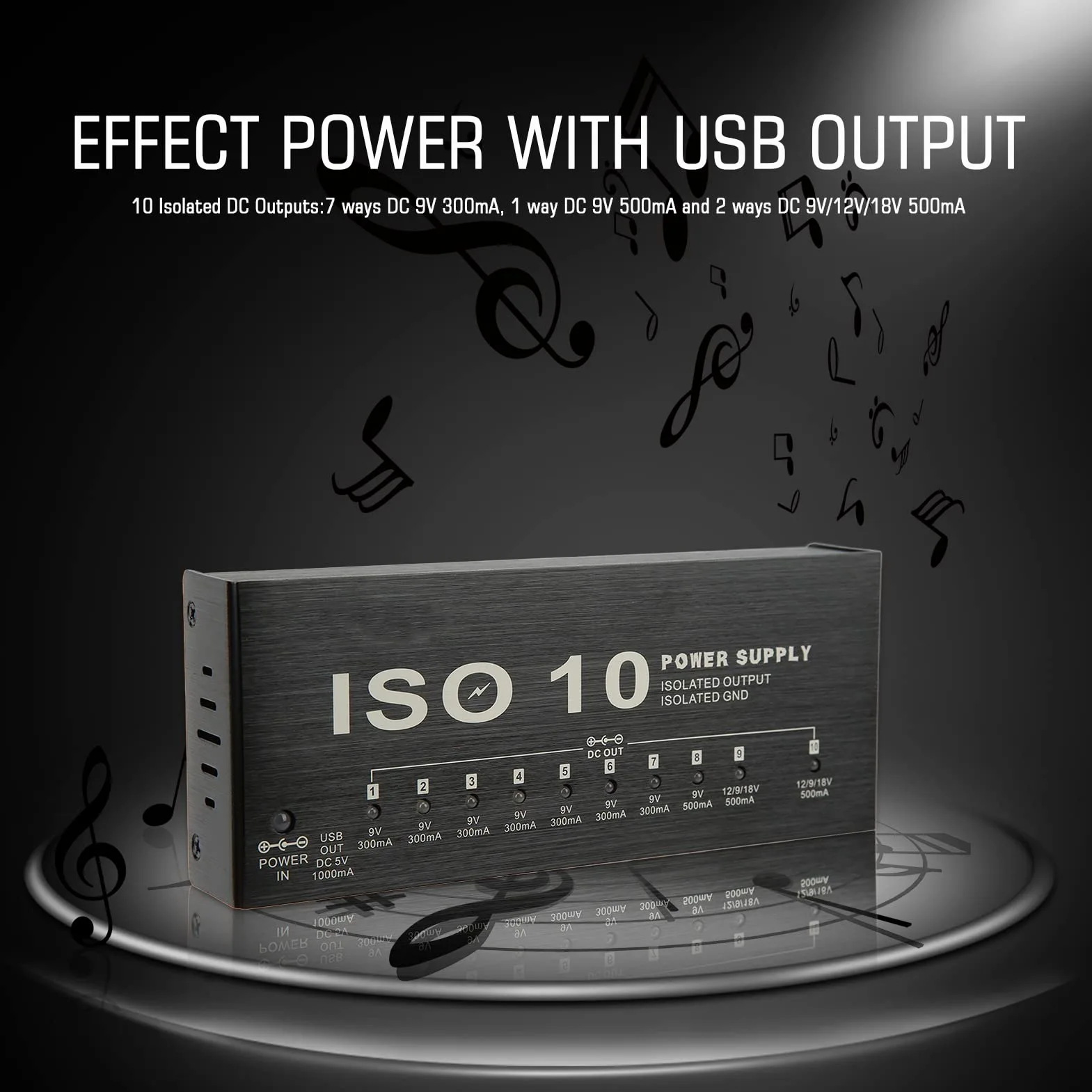 Alimentatore per pedale di chitarra, 10 uscite isolate, alimentatore per pedaliera d'effetto piccolo con 2 tensioni regolabili per pedali d'effetto da 9V 12V 18V (Spina europea)