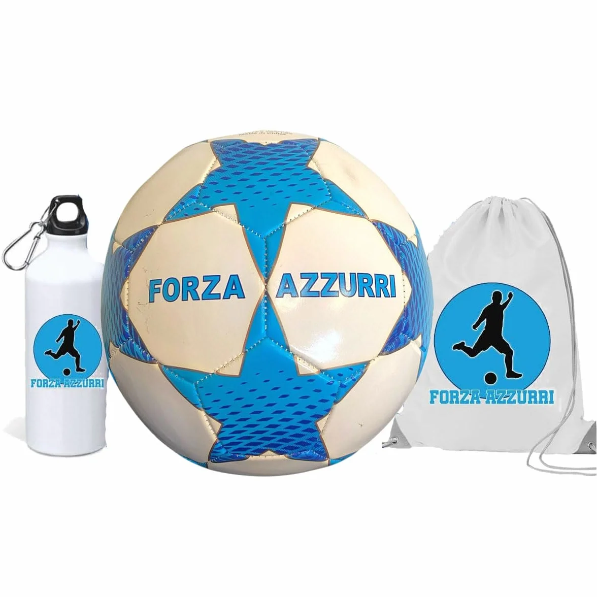 Pallone Napoli calcio Forza Azzurri con borraccia alluminio e sacca nylon regalo tifoso