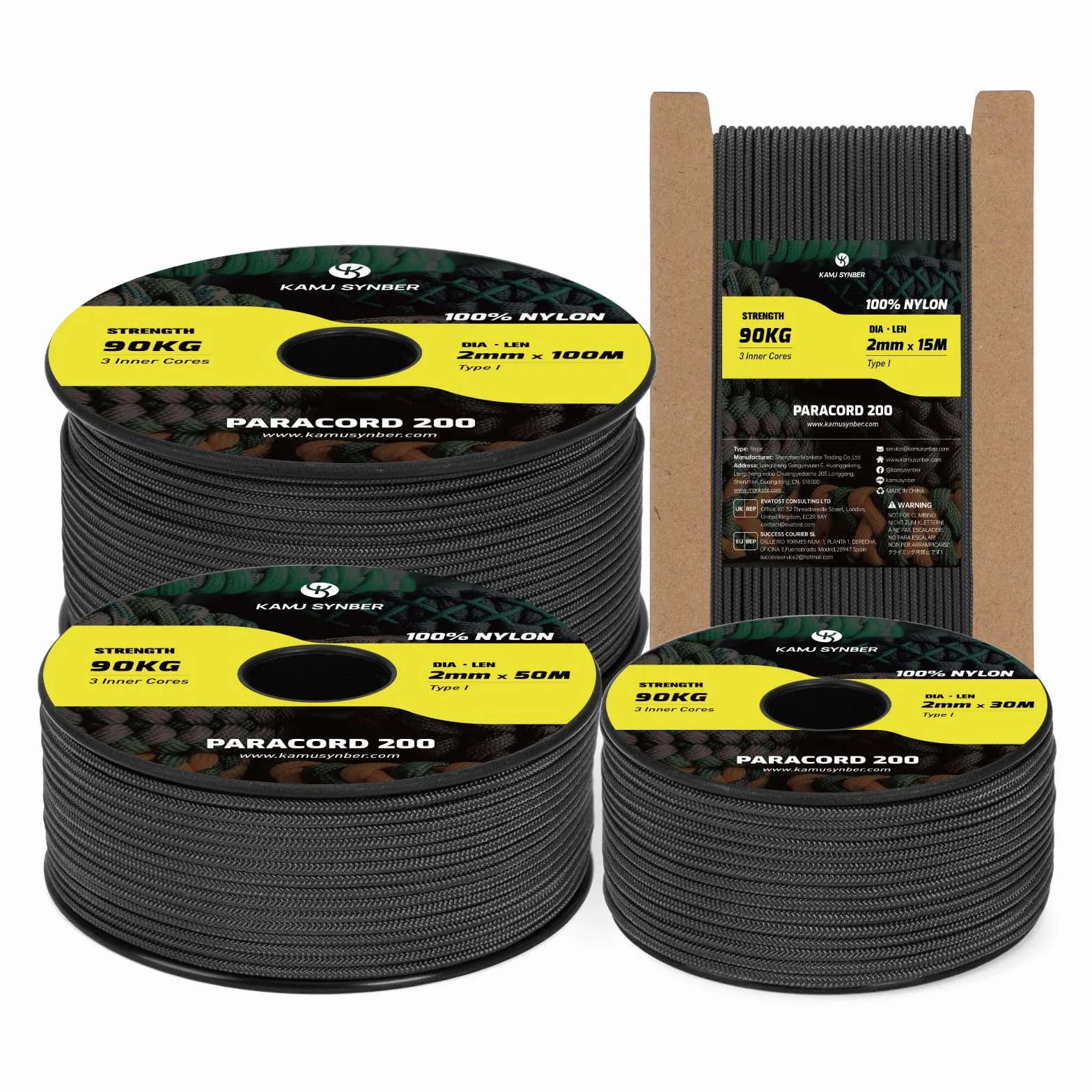 Paracord 2mm 15M 100% Nylon 3 Fili Tipo I Corda Paracadute Nero 90kg