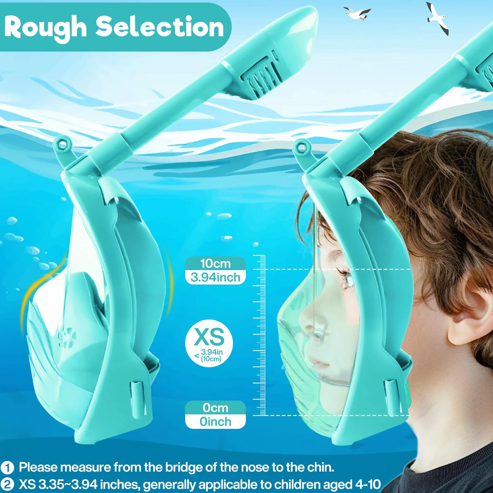 Maschera da Snorkeling per Bambini XS – Maschera Subacquea Bambini con Vista a 180°, Anti-Appannamento, Anti-Perdite, con Borsa Rete, Supporto Fotocamera e Accessori