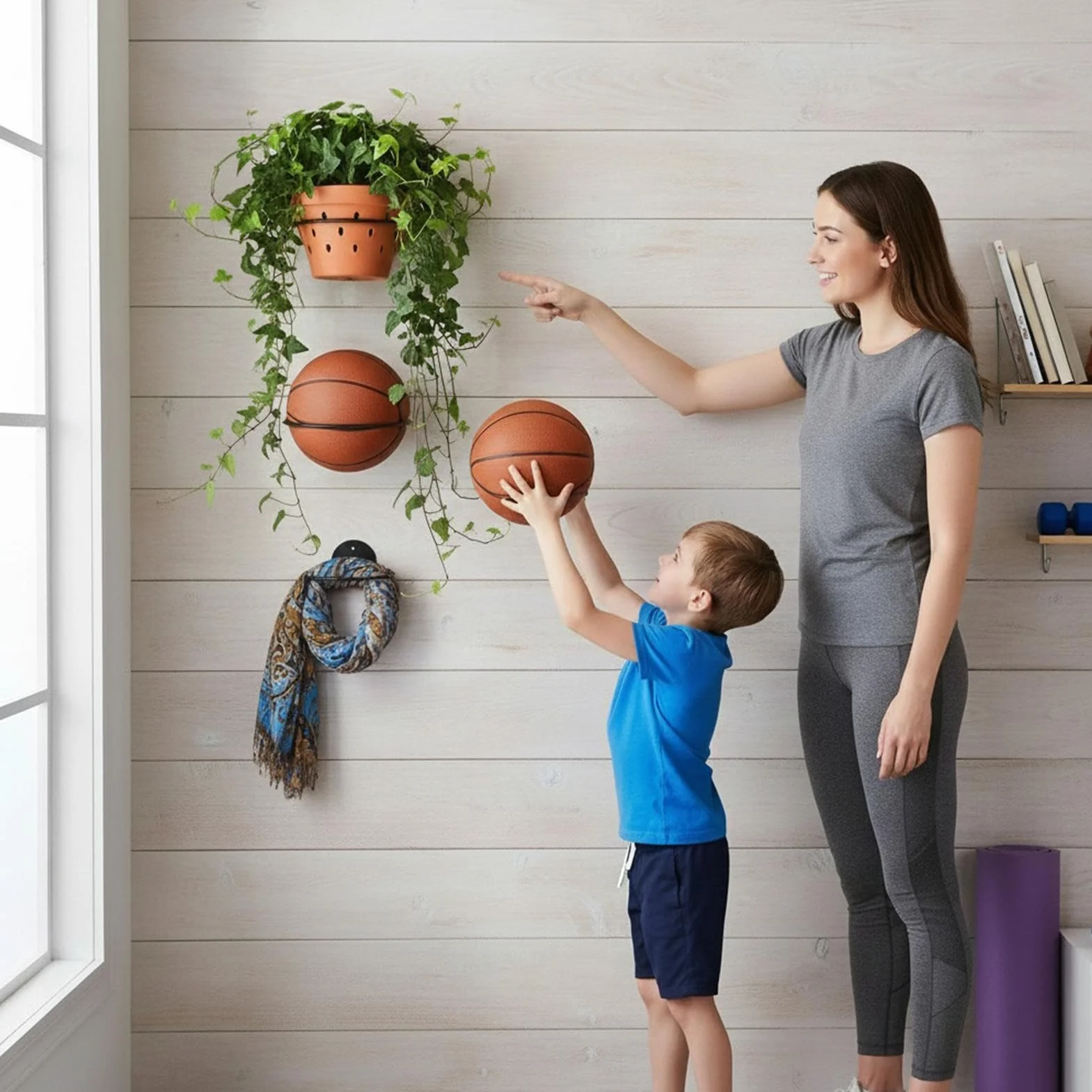 Generico Supporto da parete per basket - Portaoggetti nero montato a parete con viti, display in metallo