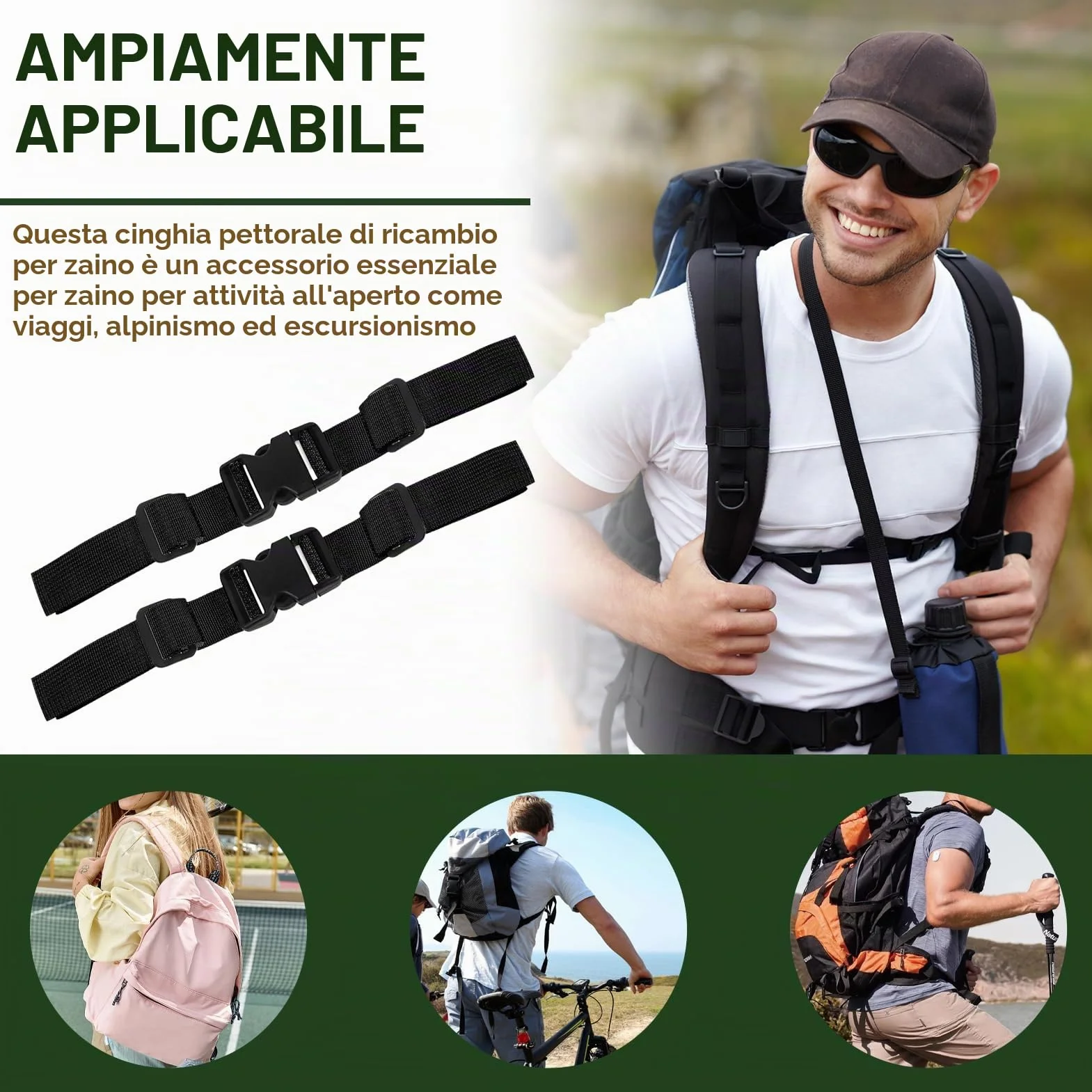 Cintura Toracica Regolabile 2.5cm Antiscivolo per Zaino con Chiusura Rapida, Universale per Escursioni Viaggi (Nero)