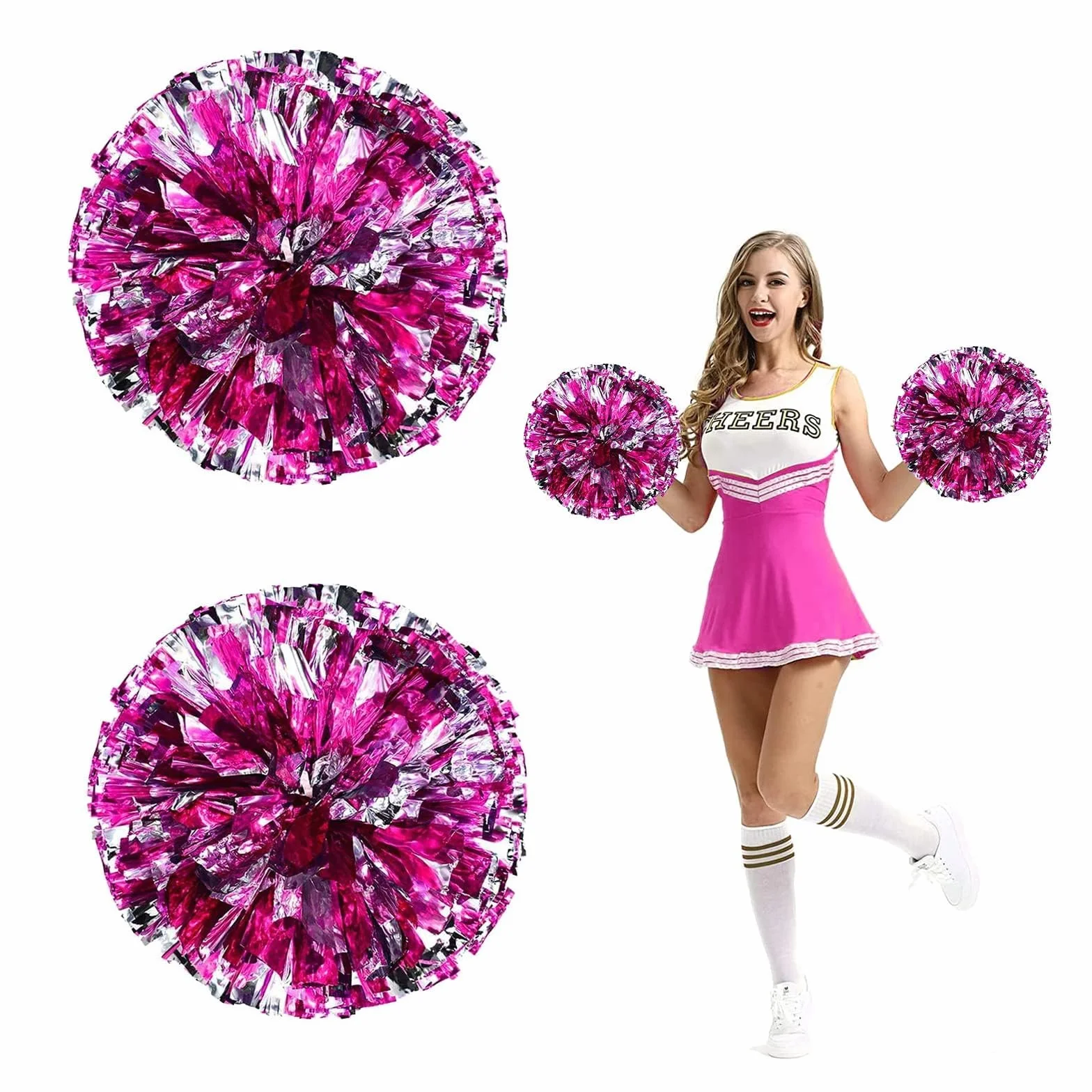 Pom Poms Cheerleader con Manico Metallico 2 Pezzi per Sport, Festa (Rosa Rossa, Argento)