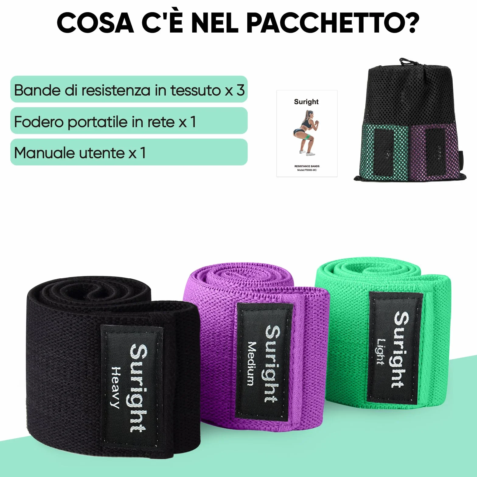 Suright Fasce Elastiche Fitness 3 Livelli Resistenza Antiscivoli per Palestra Pilates Yoga