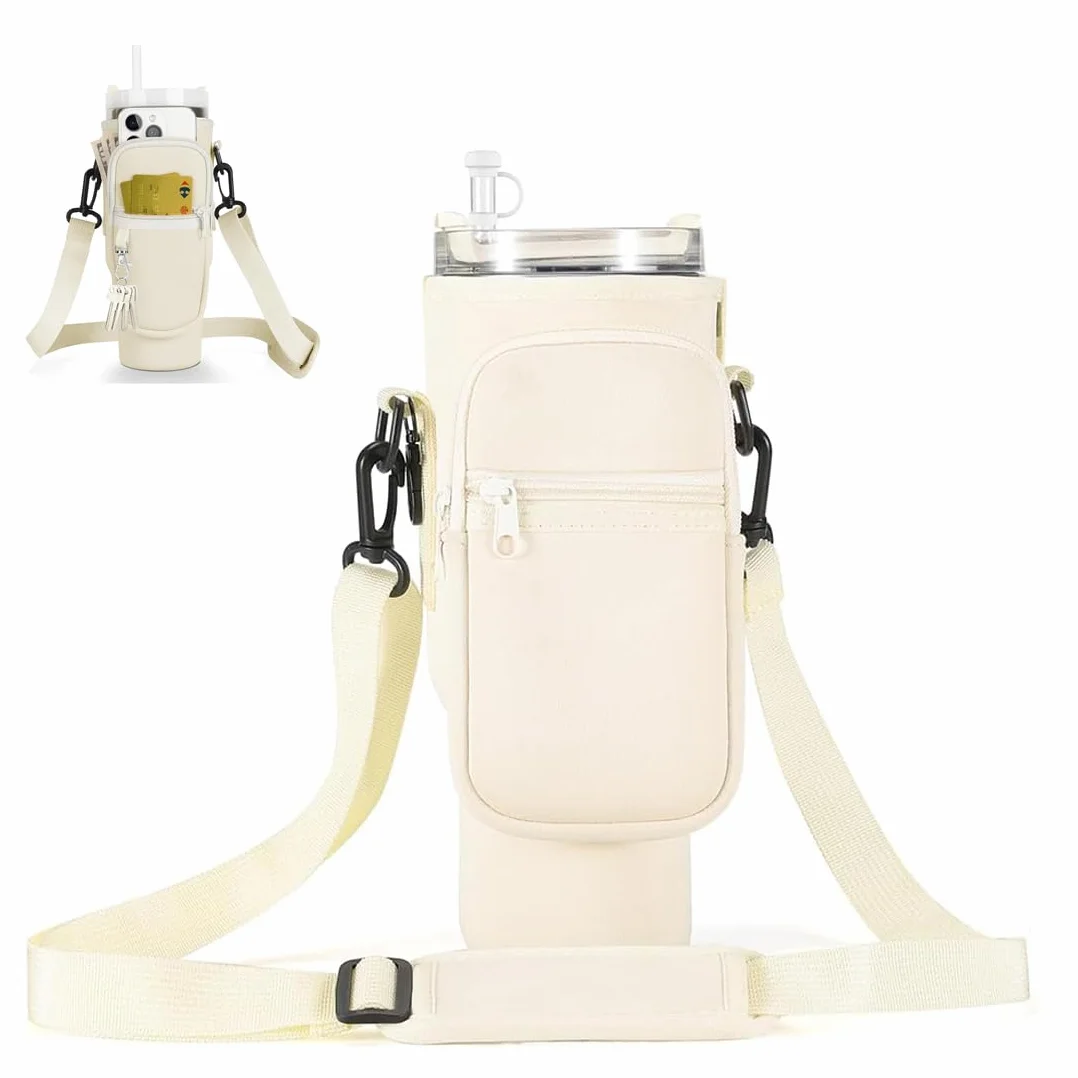 Borsa per Stanley Cup in Neoprene Isolante con Tasca per Telefono e Tracolla Regolabile 42-140 cm Crema