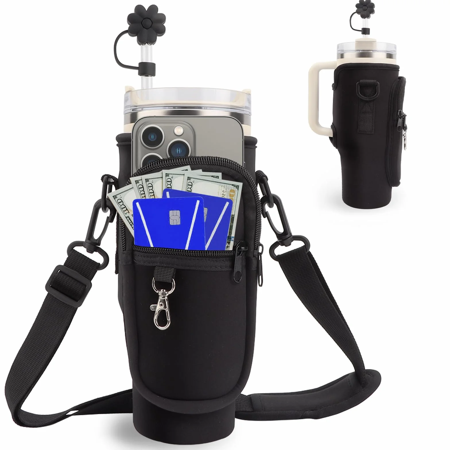 WALLFID Porta Bottiglia d'Acqua per Stanley 40oz Tumbler, Tracolla Regolabile, Tasca per Telefono, Portaborraccia Zaino Neoprene, per Camminate e Fitness (Nero)