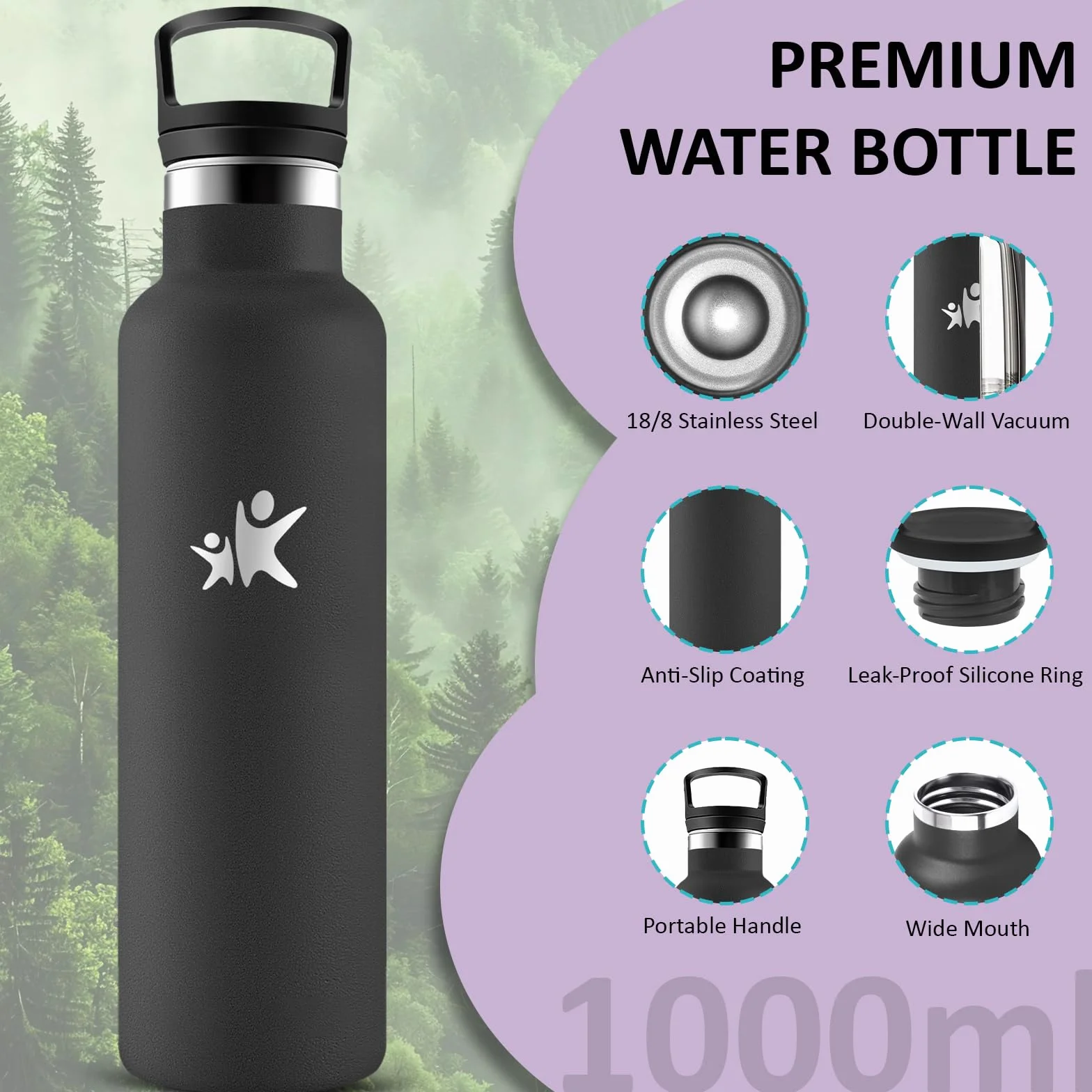 Borraccia Termica 1 Litro Senza BPA con Cannuccia Isolato Sottovuoto per Sport Campeggio