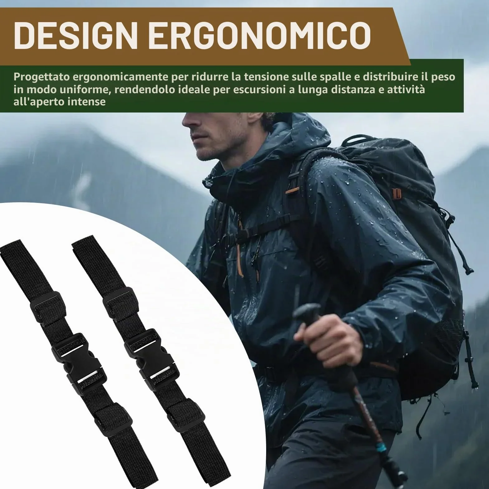 Cintura Toracica Regolabile 2.5cm Antiscivolo per Zaino con Chiusura Rapida, Universale per Escursioni Viaggi (Nero)