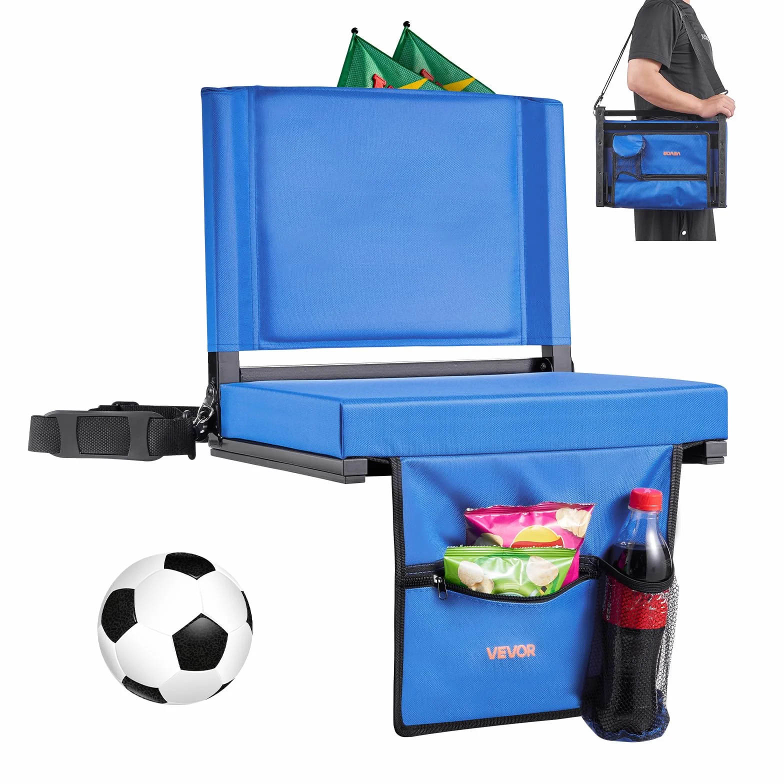 VEVOR Sedia da Stadio Pieghevole con Schienale Seduta Imbottita con Tracolla Larghezza 431,8 mm Cuscino del Sedile per Campeggio Prato Giardino Gancio e Tasca Laterale, Blu, Confezione da 1