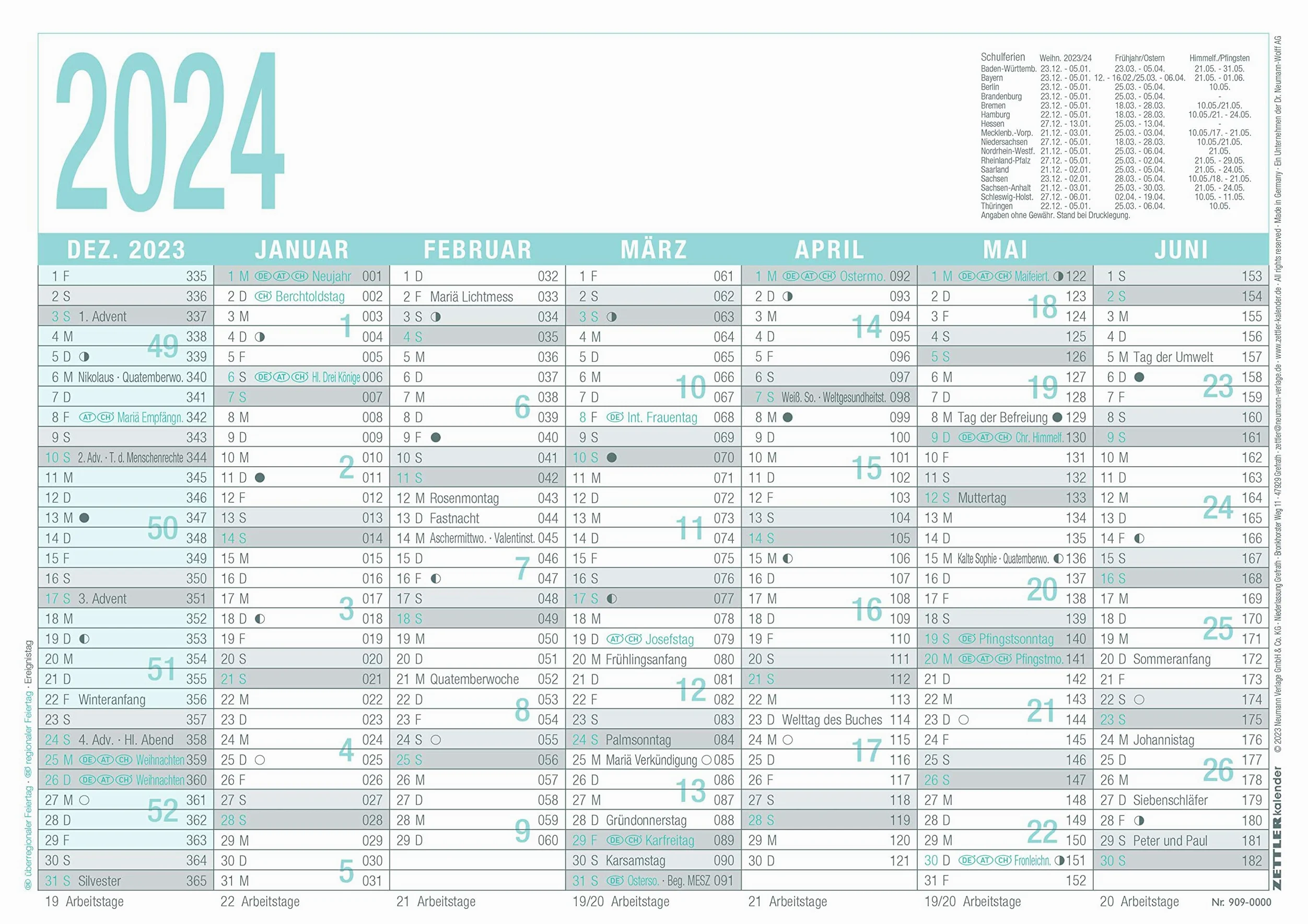 Agenda lavorativa grigio/turchese 2024 – A4 (29,7 x 21 cm) – 7 mesi su 1 pagina – calendario da tavola – calendario annuale – 909 – 0000