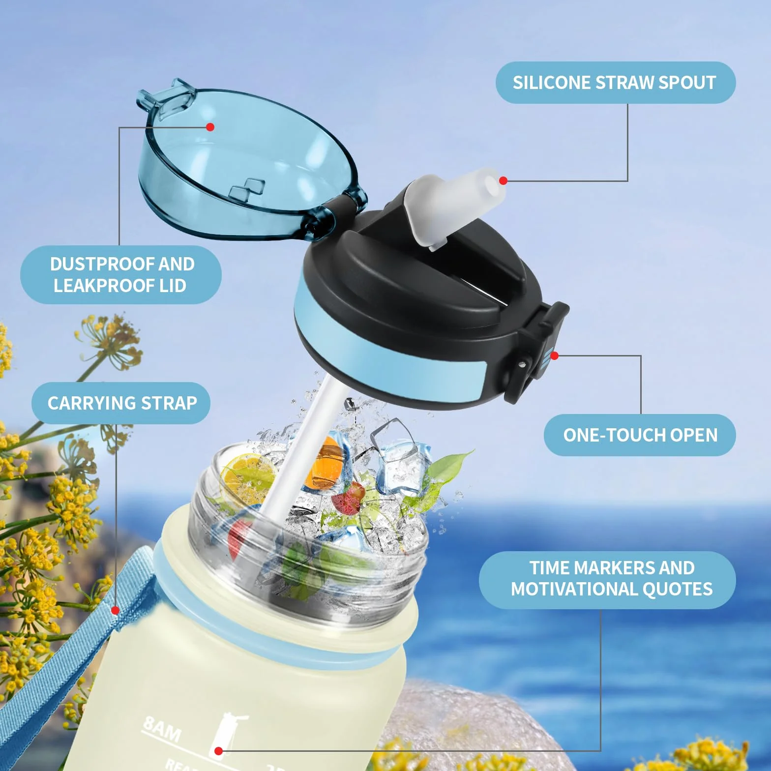 KollyKolla Borraccia 500ml con Cannuccia, a Prova di Perdite, Indicatore del Tempo, Bottiglia Acqua Motivazionale per Ufficio, Escursionismo, Yoga