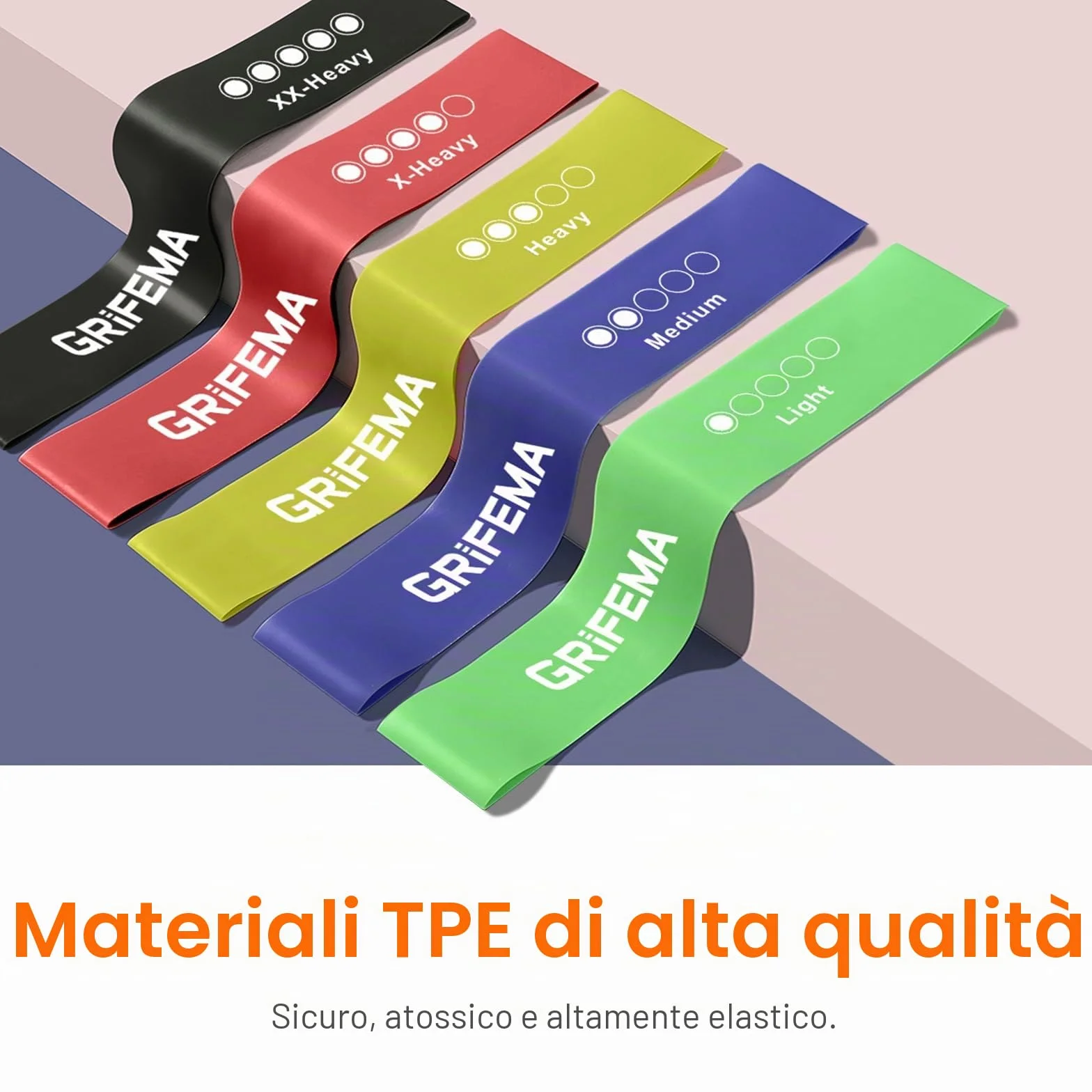 GRIFEMA GA5001 Elastici per Bodybuilding, 5 Livelli di Resistenza, per Yoga, Pilates e Allenamento di Forza